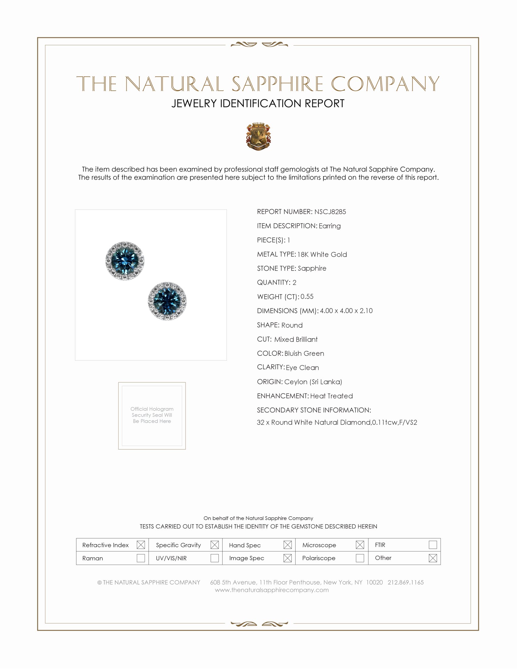 0.55 Ct.Tw. Bluish Green Sapphire and Natural Diamond Pave Earrings, 18K White Gold