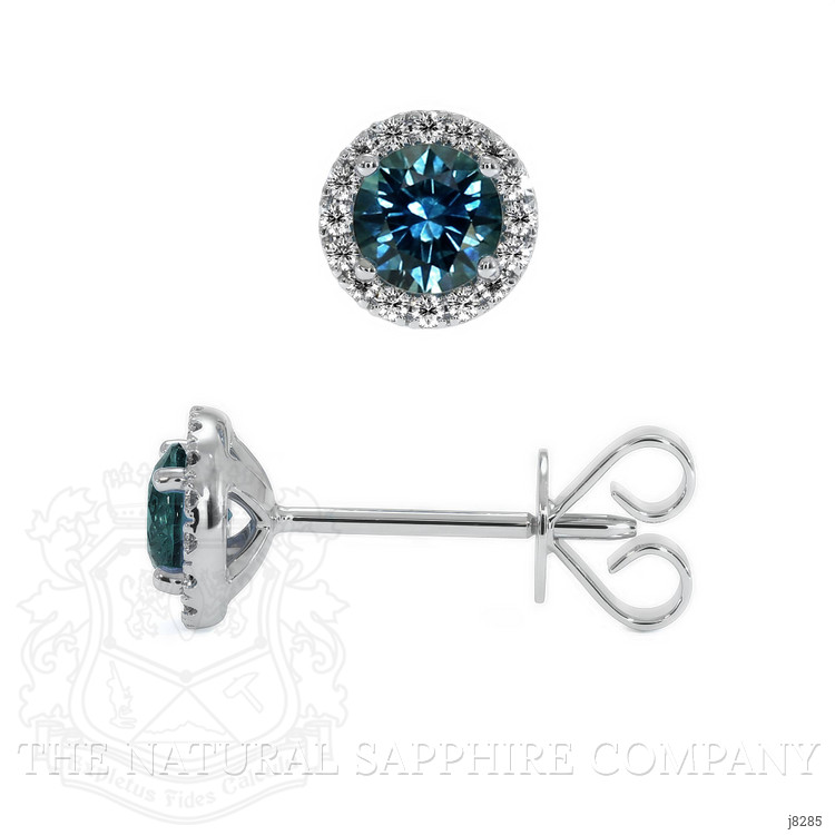 0.55 Ct.Tw. Bluish Green Sapphire and Natural Diamond Pave Earrings, 18K White Gold