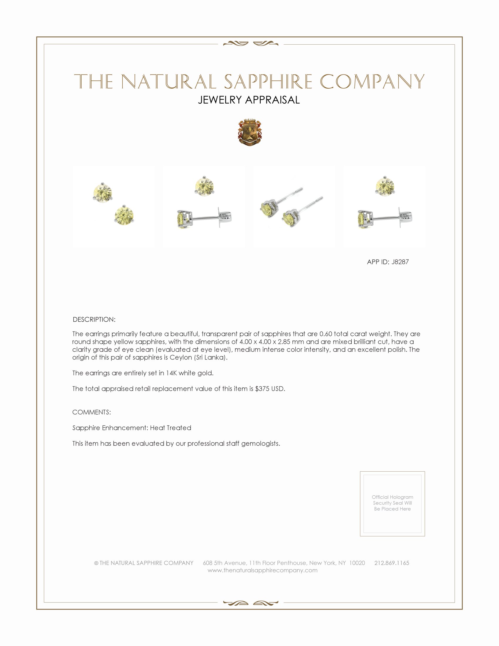 0.60 Ct.Tw. Yellow Sapphire Studs Earrings, 14K White Gold