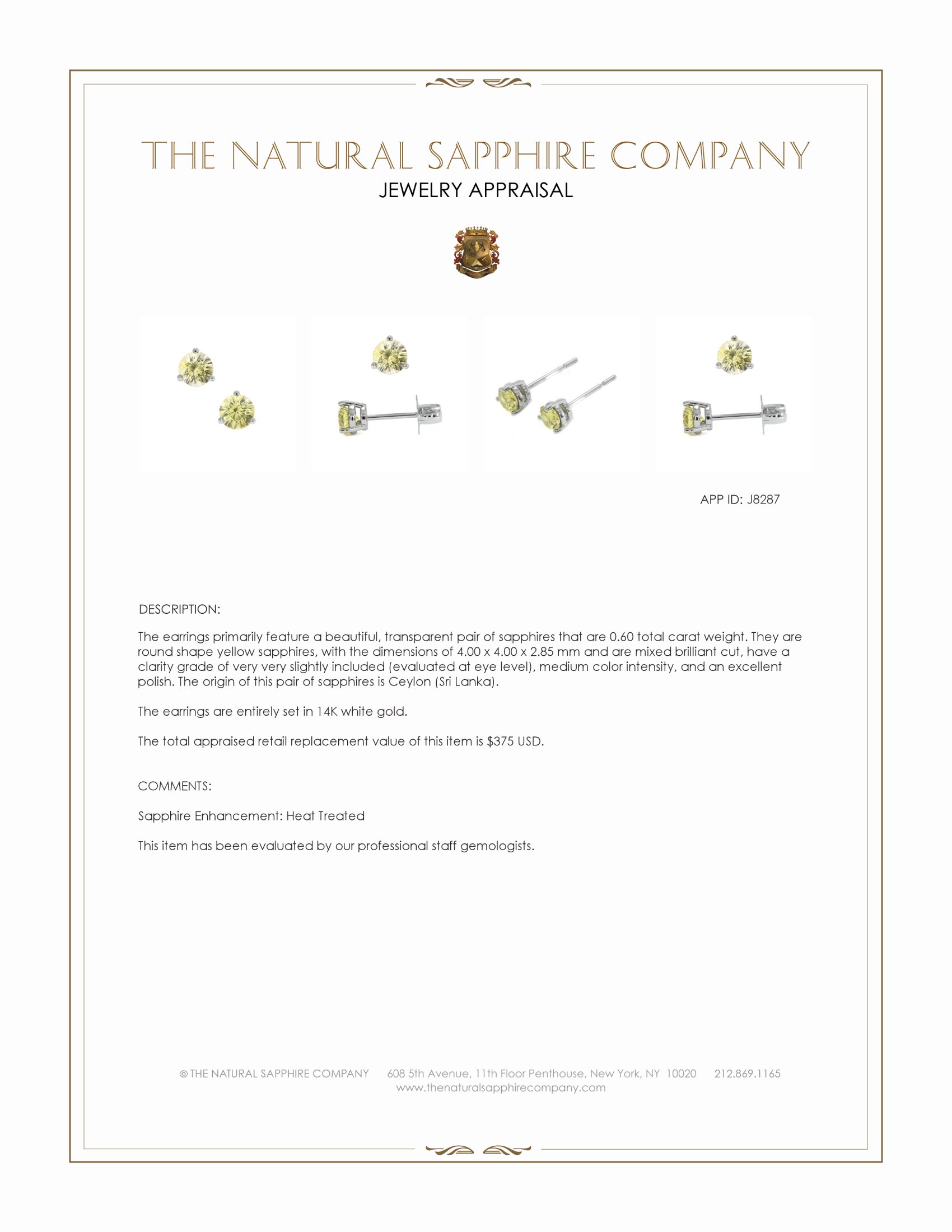 0.60 Ct.Tw. Yellow Sapphire Studs Earrings, 14K White Gold