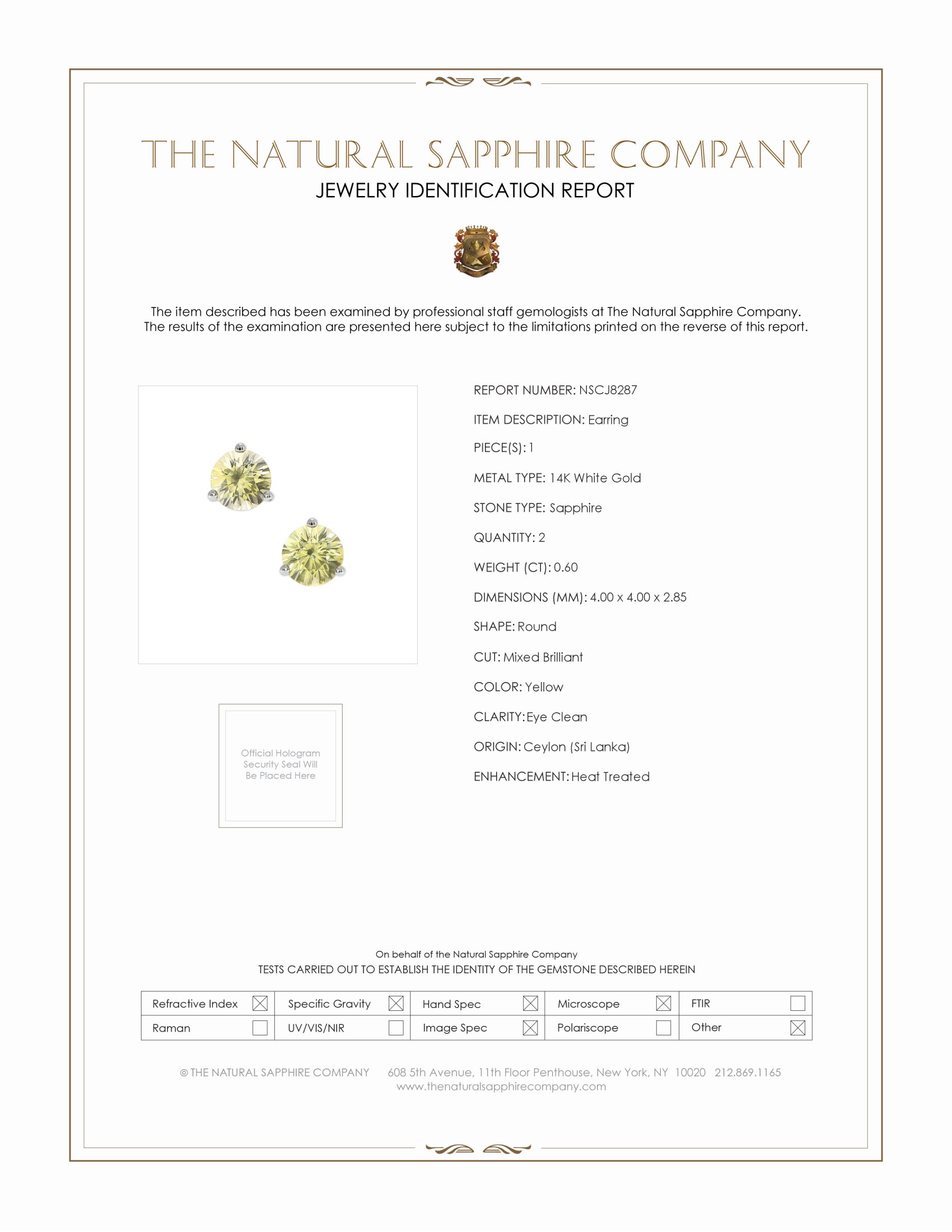 0.60 Ct.Tw. Yellow Sapphire Studs Earrings, 14K White Gold