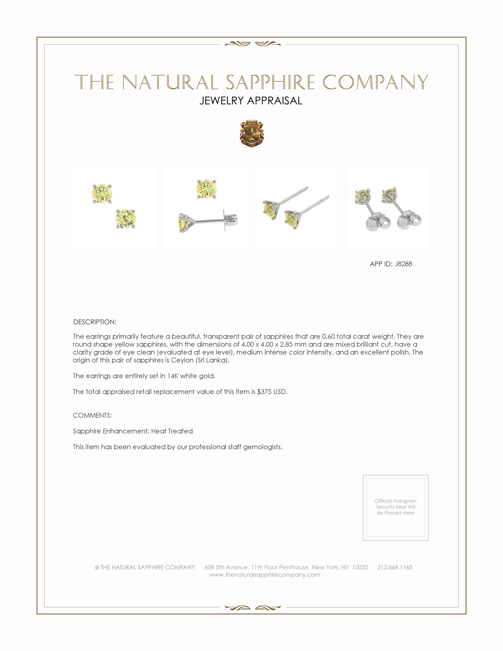 0.60 Ct.Tw. Yellow Sapphire Studs Earrings, 14K White Gold