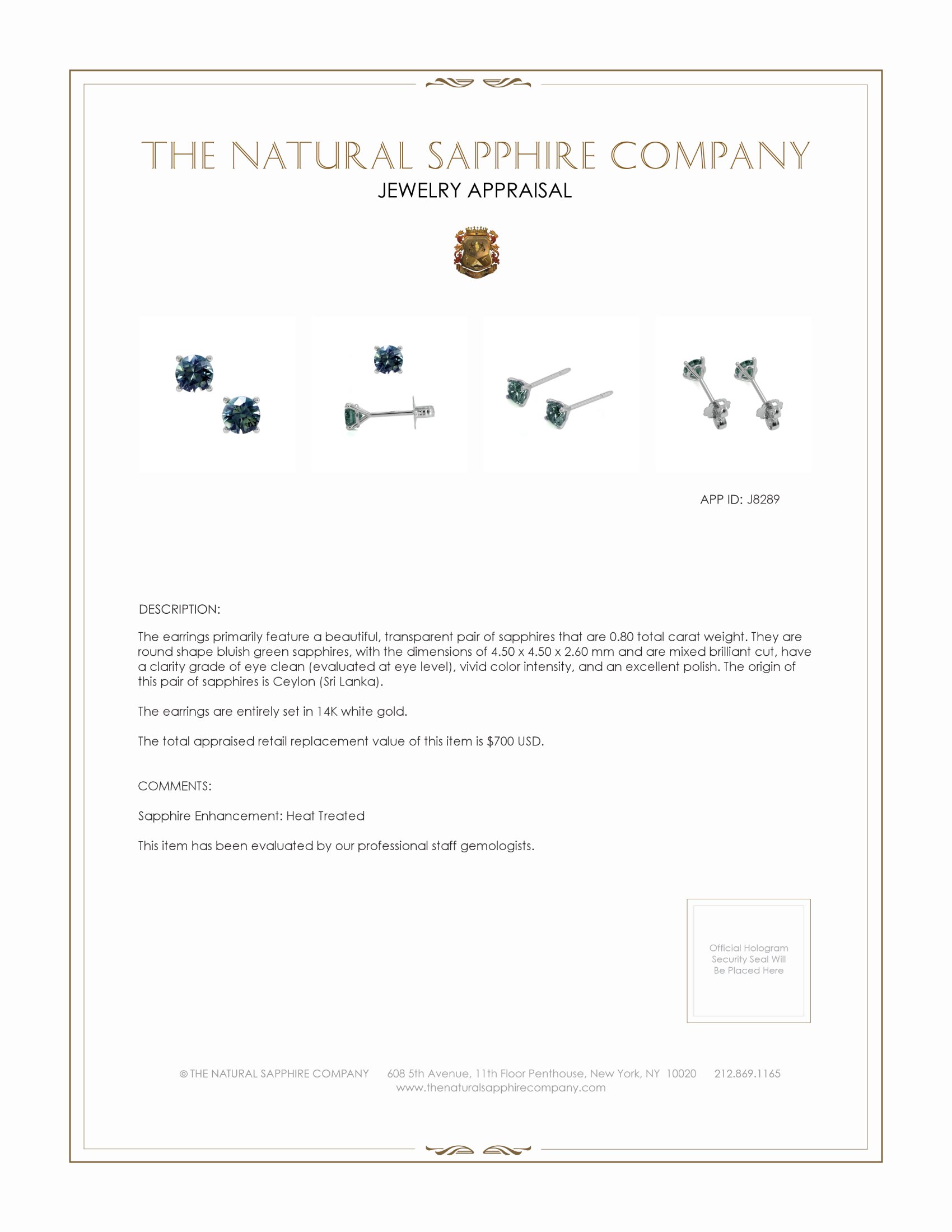 0.80 Ct.Tw. Bluish Green Sapphire Studs Earrings, 14K White Gold