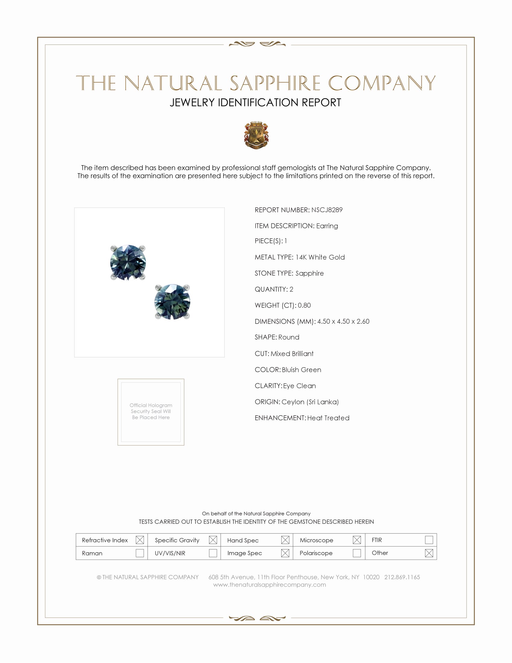 0.80 Ct.Tw. Bluish Green Sapphire Studs Earrings, 14K White Gold
