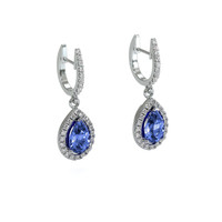 1.00&nbsp;Ct.Tw.Total Carat Weight Blue Sapphire and Natural Diamond Pave Earrings, 14K White Gold Image