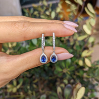 1.00&nbsp;Ct.Tw.Total Carat Weight Blue Sapphire and Natural Diamond Pave Earrings, 14K White Gold Life Style