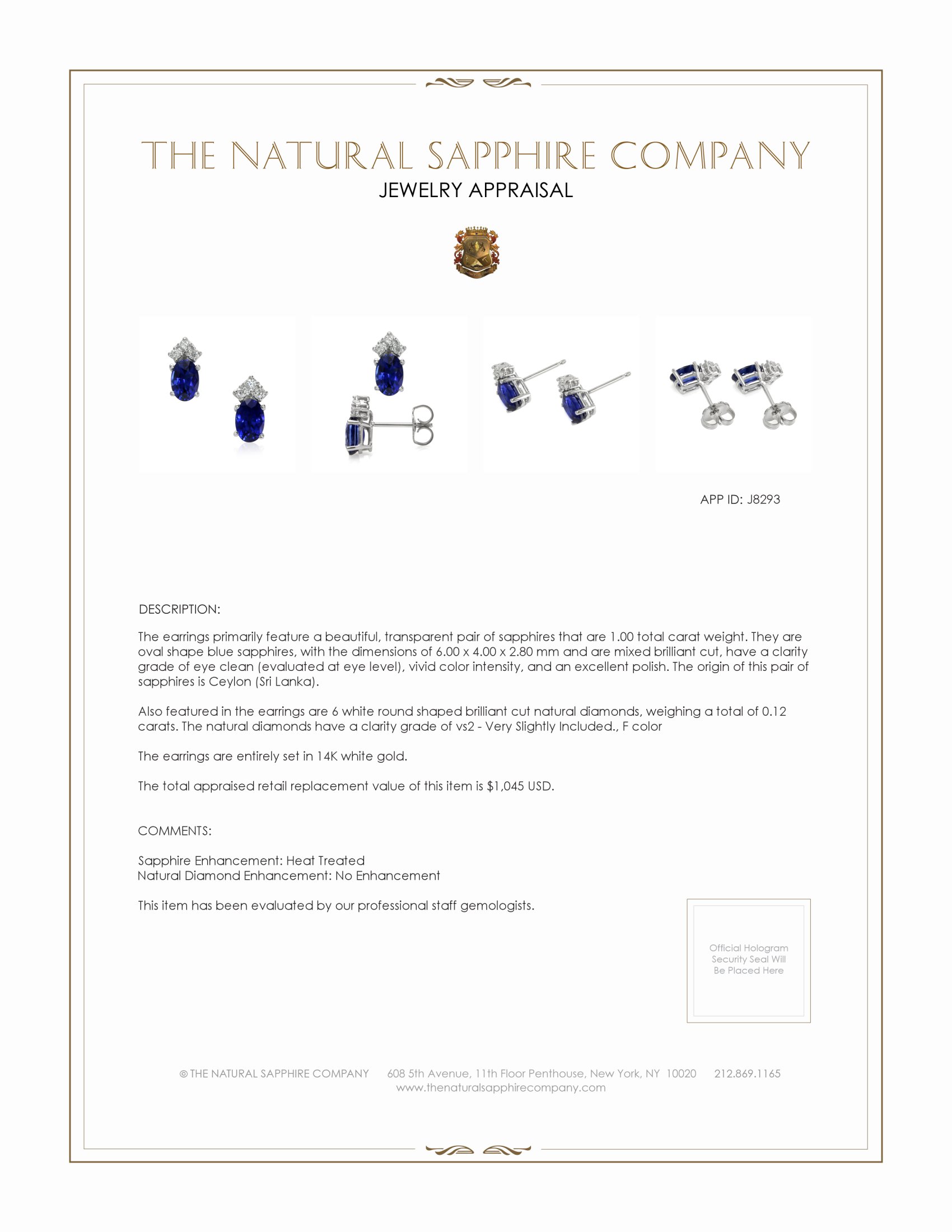 1.00 Ct.Tw. Blue Sapphire and Natural Diamond Studs Earrings, 14K White Gold