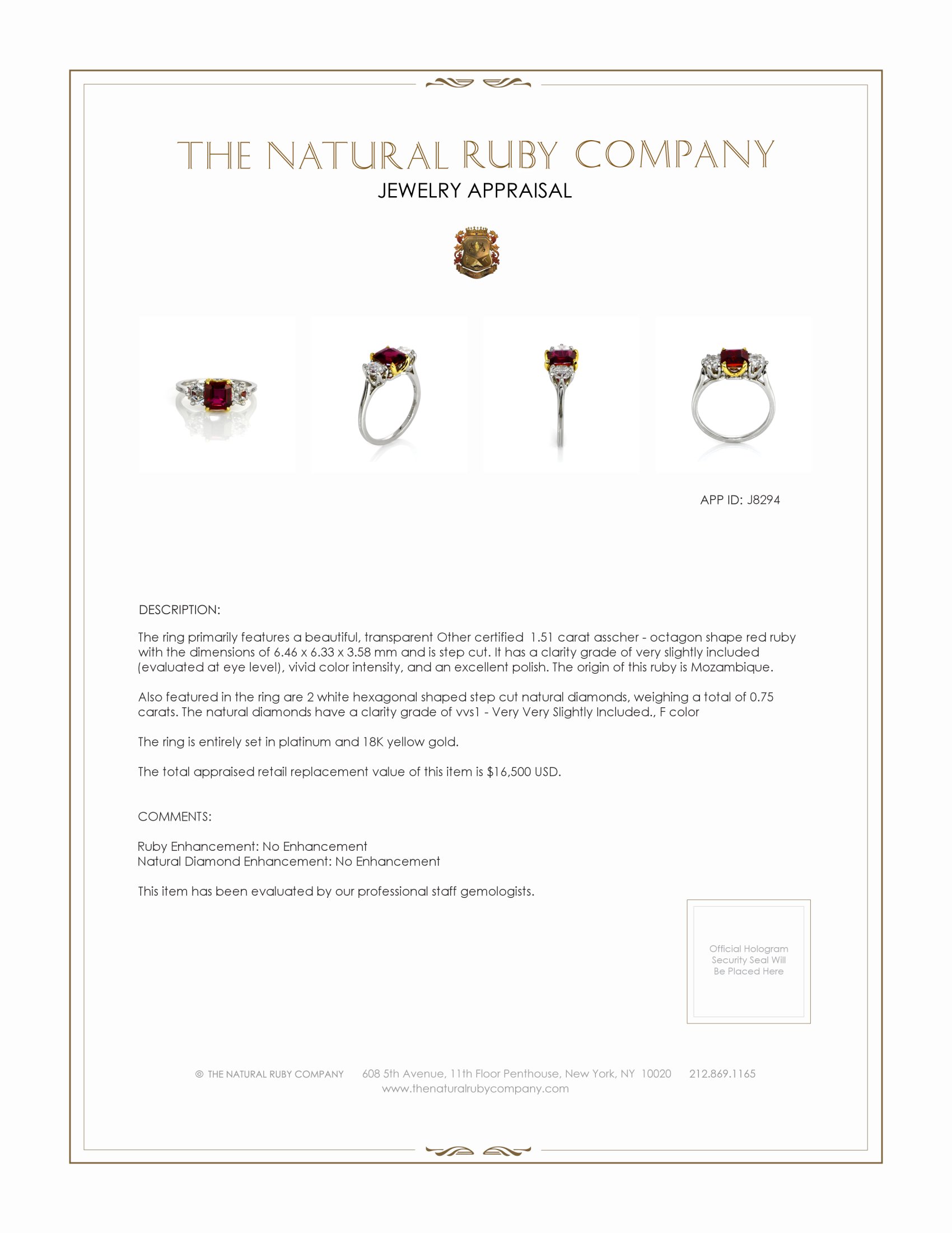 1.51 Ct. Ruby and Natural Diamond Three Stone Ring, Platinum & 18K Yellow