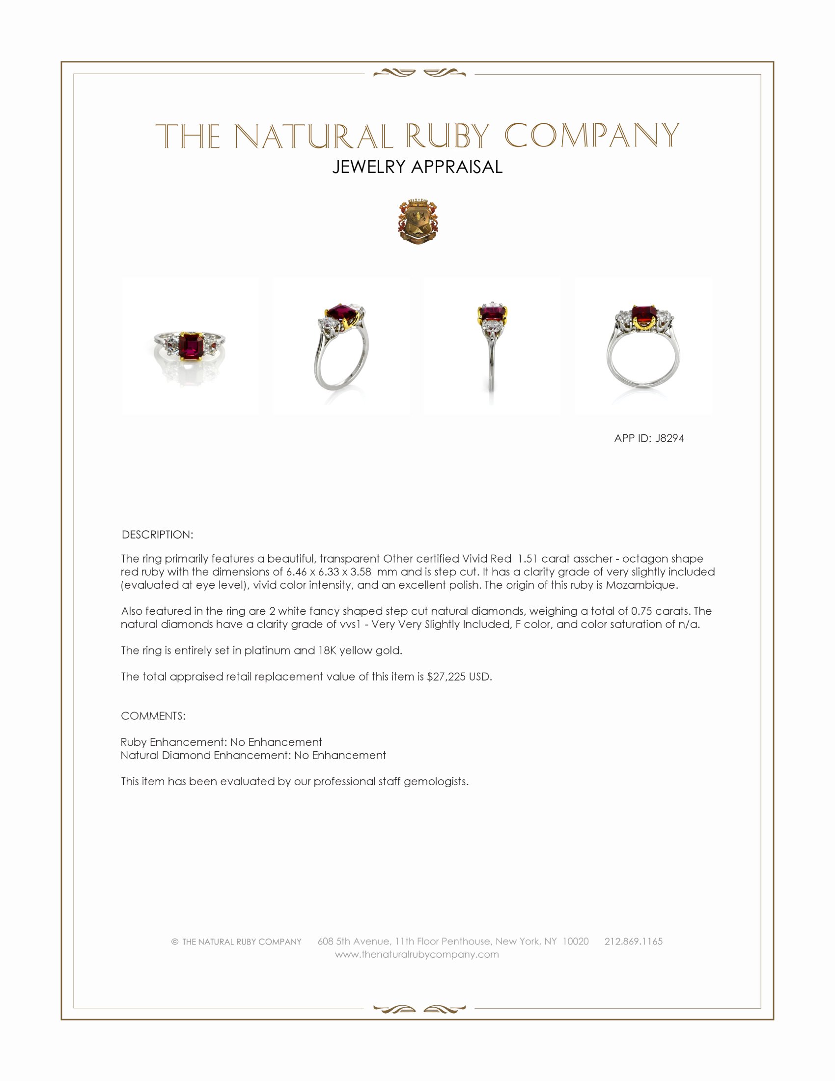 1.51 Ct. Ruby and Natural Diamond Three Stone Ring, Platinum & 18K Yellow