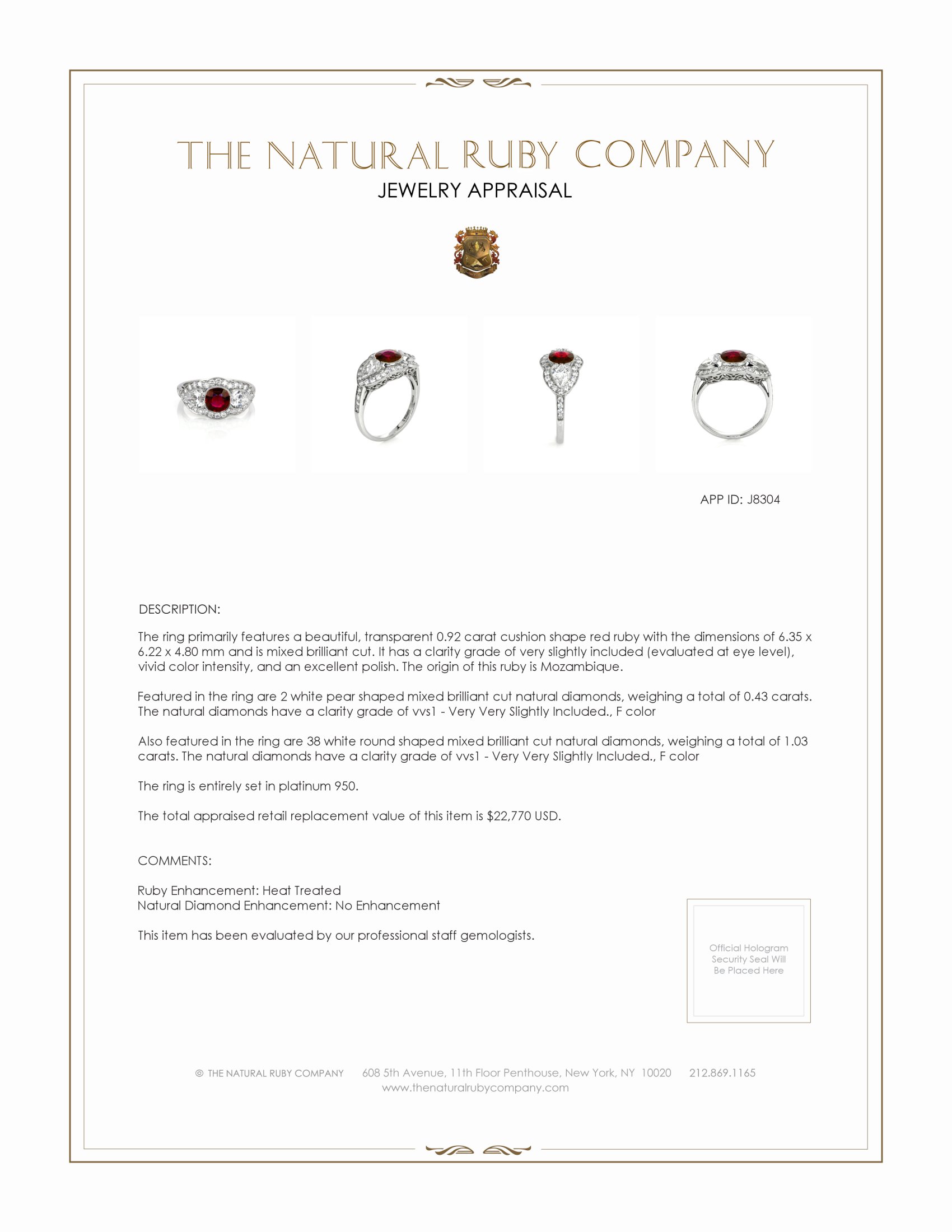 0.92 Ct. Ruby and Natural Diamond Antique Style Ring, Platinum 950