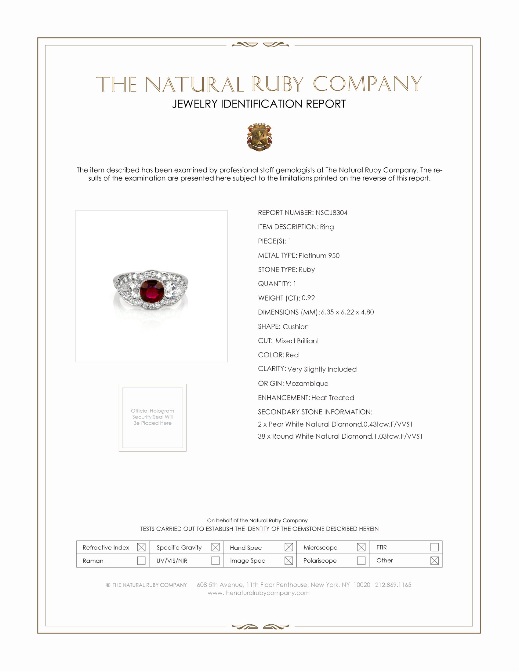 0.92 Ct. Ruby and Natural Diamond Antique Style Ring, Platinum 950