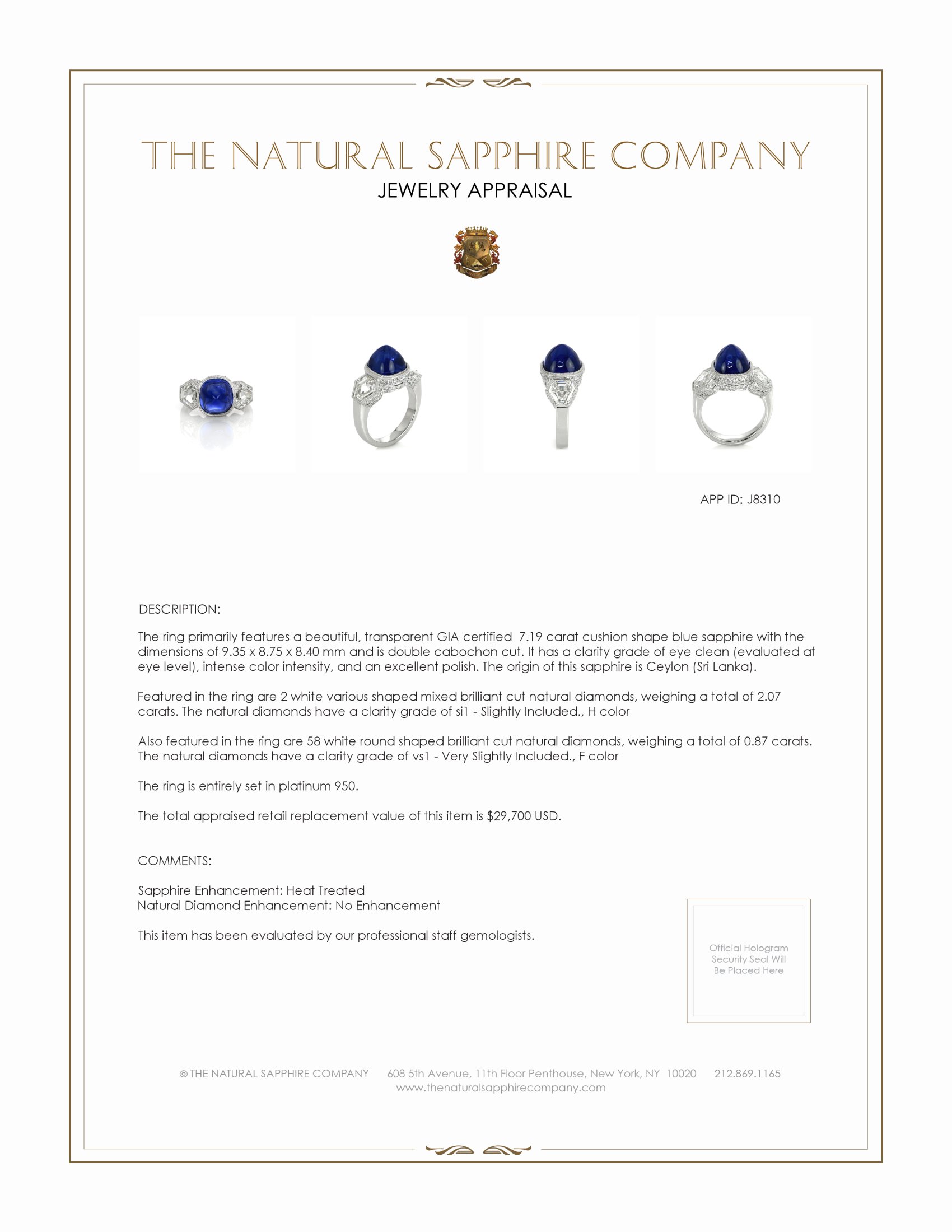 7.19 Ct. Blue Sapphire and Natural Diamond Antique Style Ring, Platinum 950