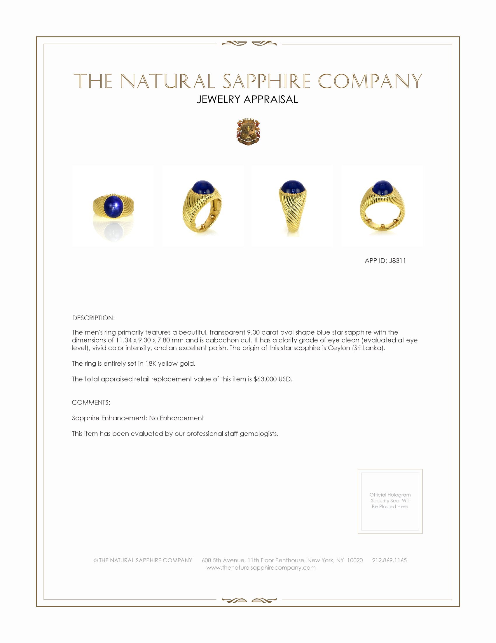 9.00 Ct. Blue Sapphire Men's Ring, 18K Yellow Gold