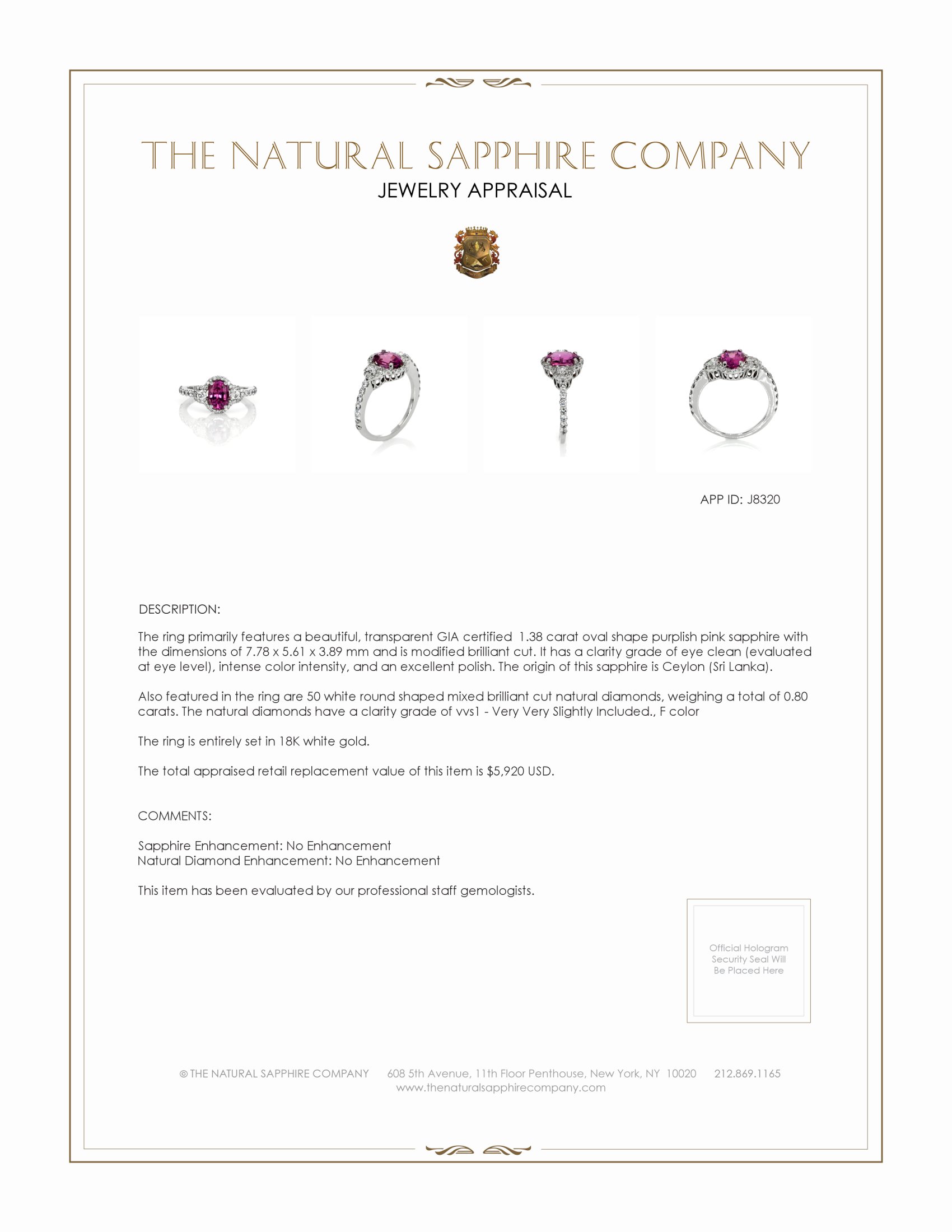 1.38 Ct. Purplish Pink Sapphire and Natural Diamond Three Stone Ring, 18K White Gold