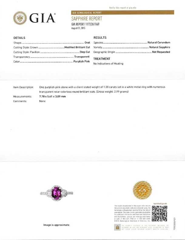 1.38 Ct. Purplish Pink Sapphire and Natural Diamond Three Stone Ring, 18K White Gold