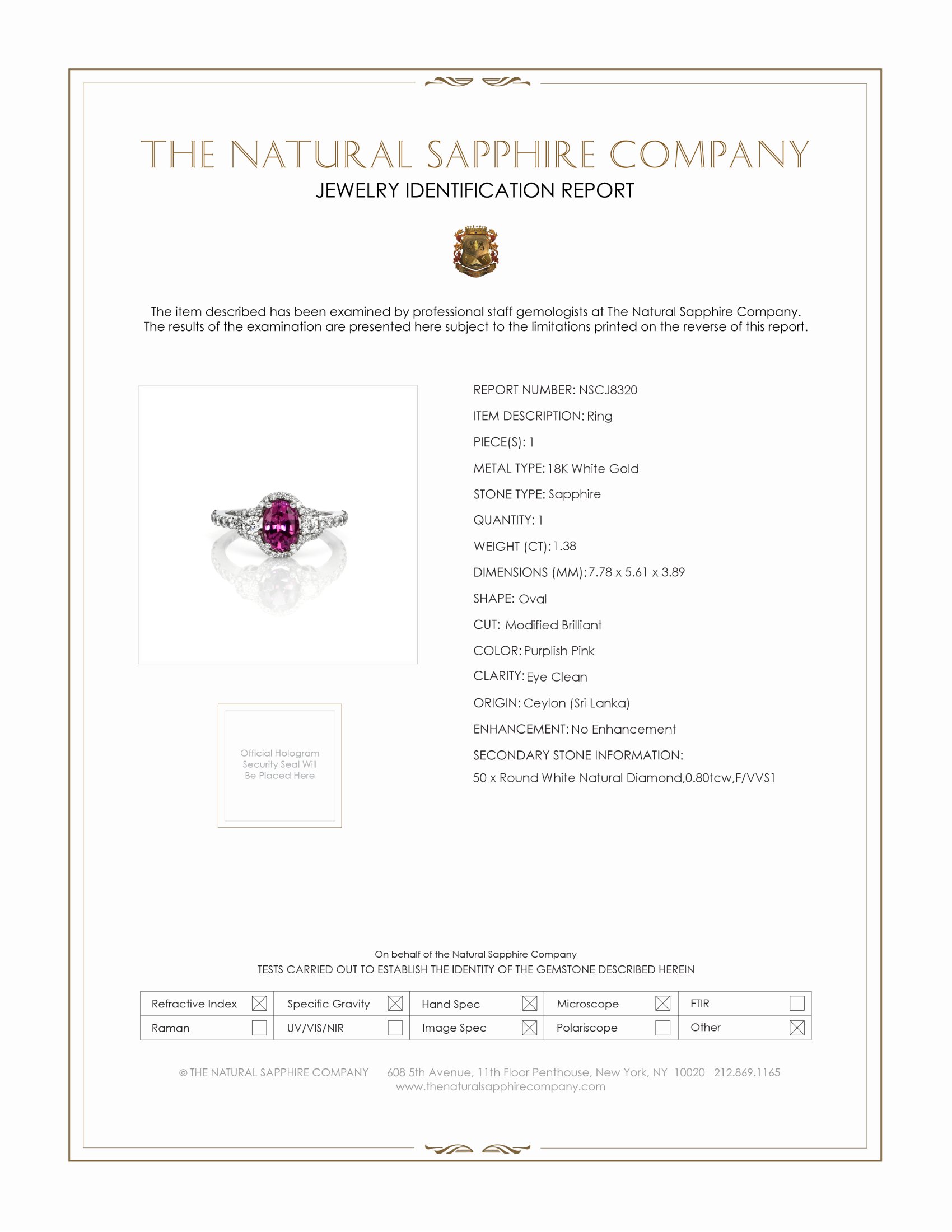 1.38 Ct. Purplish Pink Sapphire and Natural Diamond Three Stone Ring, 18K White Gold