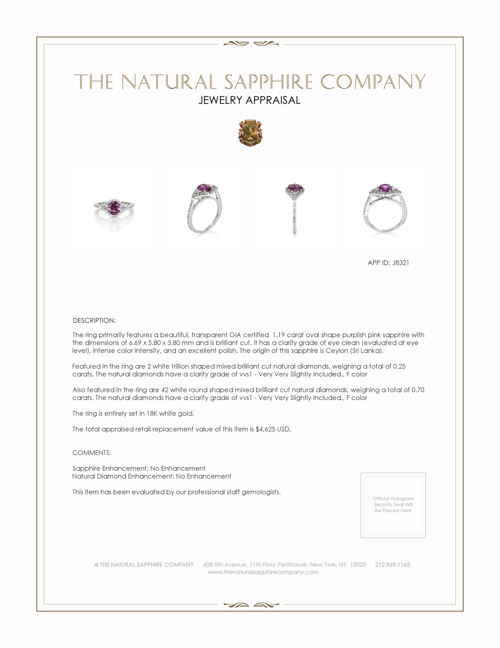 1.19 Ct. Purplish Pink Sapphire and Natural Diamond Three Stone Ring, 18K White Gold