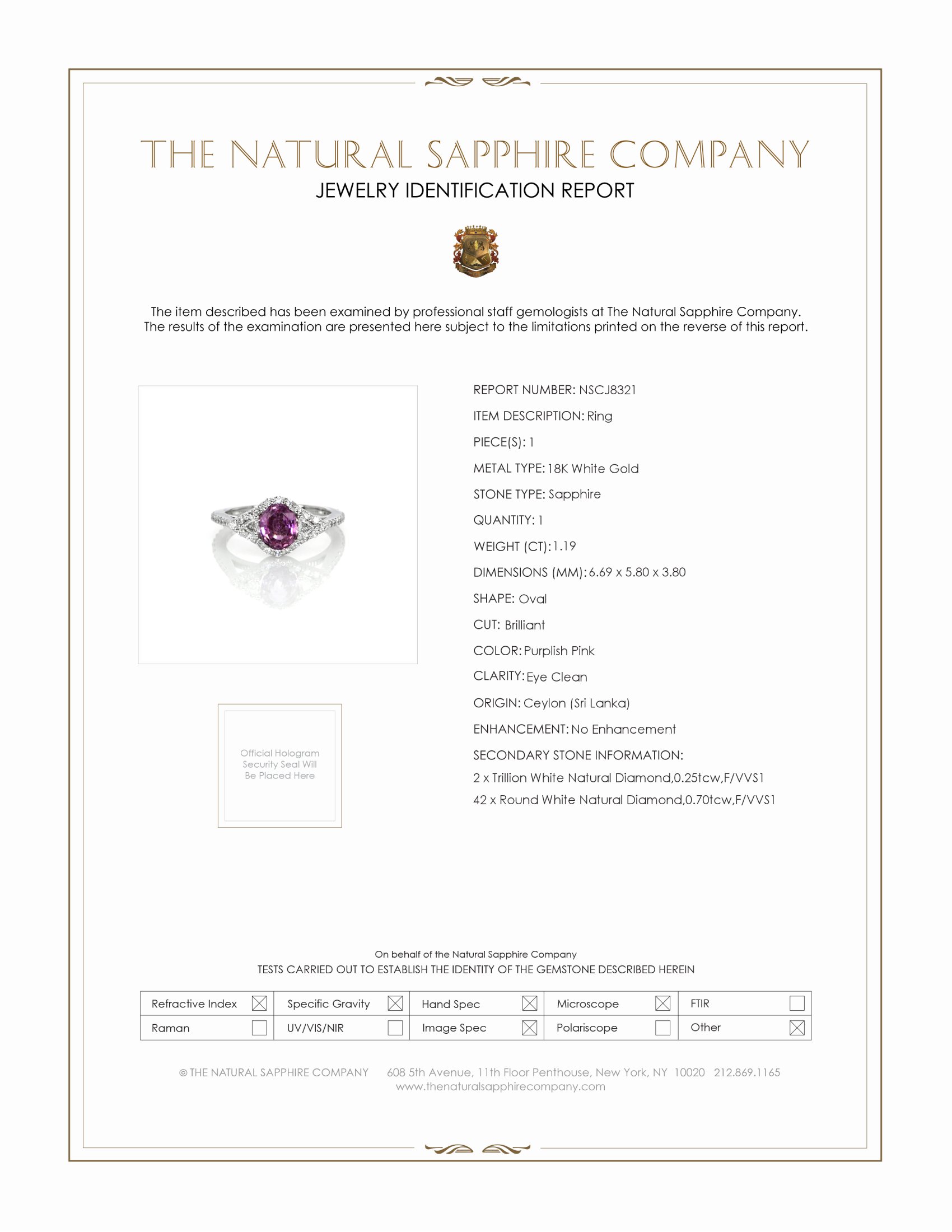 1.19 Ct. Purplish Pink Sapphire and Natural Diamond Three Stone Ring, 18K White Gold