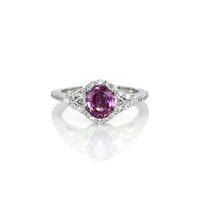 1.19 Ct. Purplish Pink Sapphire and Natural Diamond Three Stone Ring, 18K White Gold Video