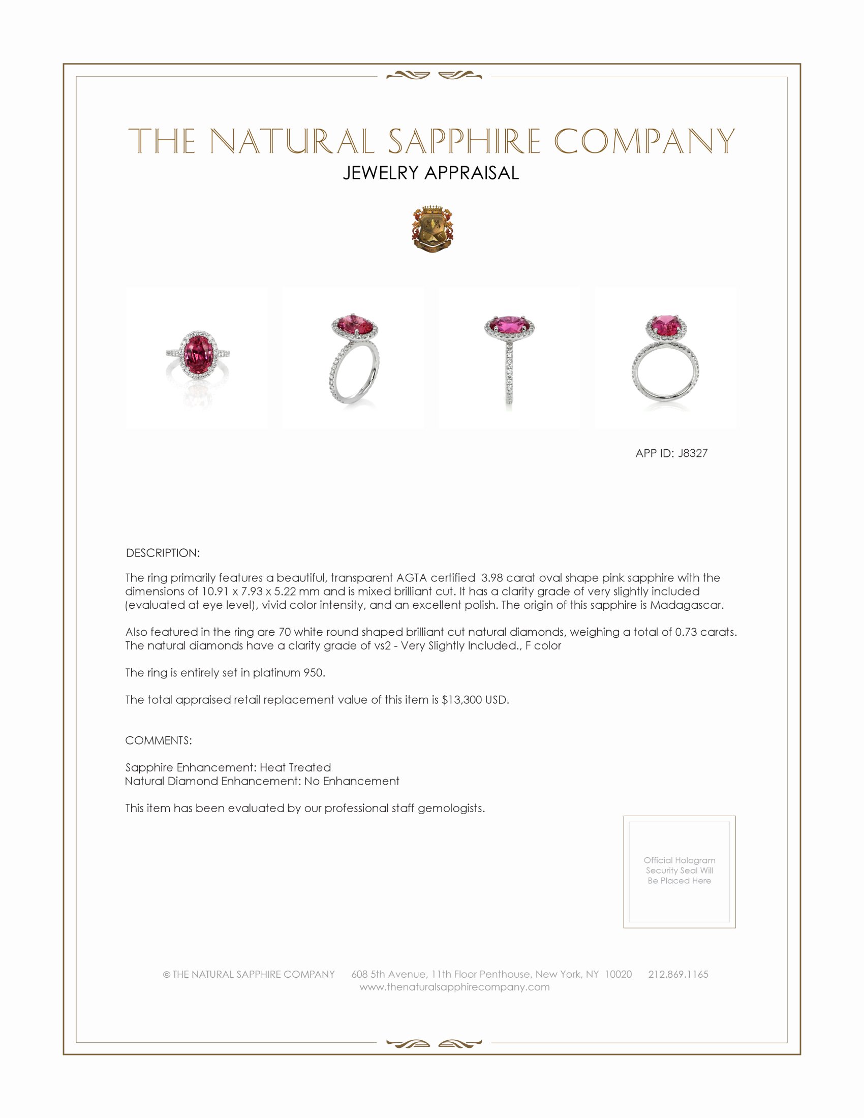 3.98 Ct. Pink Sapphire and Natural Diamond Pave Ring, Platinum 950