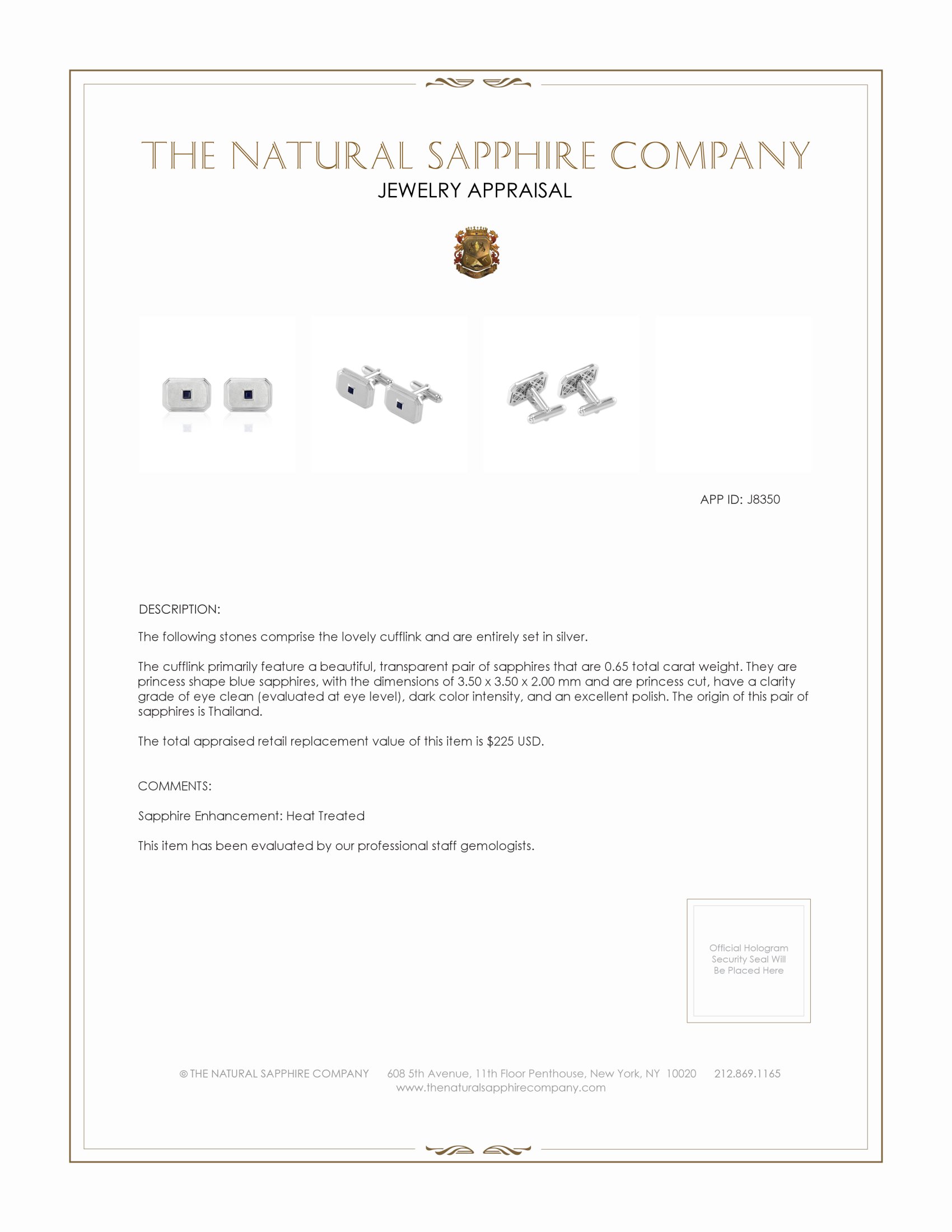 0.65 Ct. Blue Sapphire Solitaire Cufflink, Silver