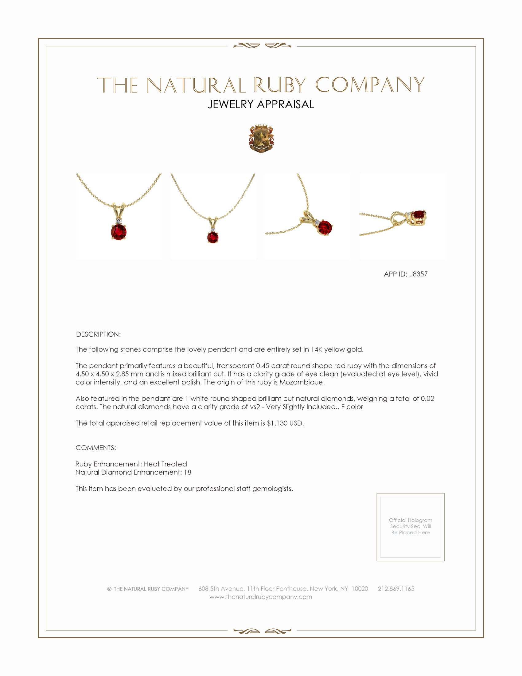 0.45 Ct. Ruby and Natural Diamond Solitaire Pendant, 14K Yellow Gold