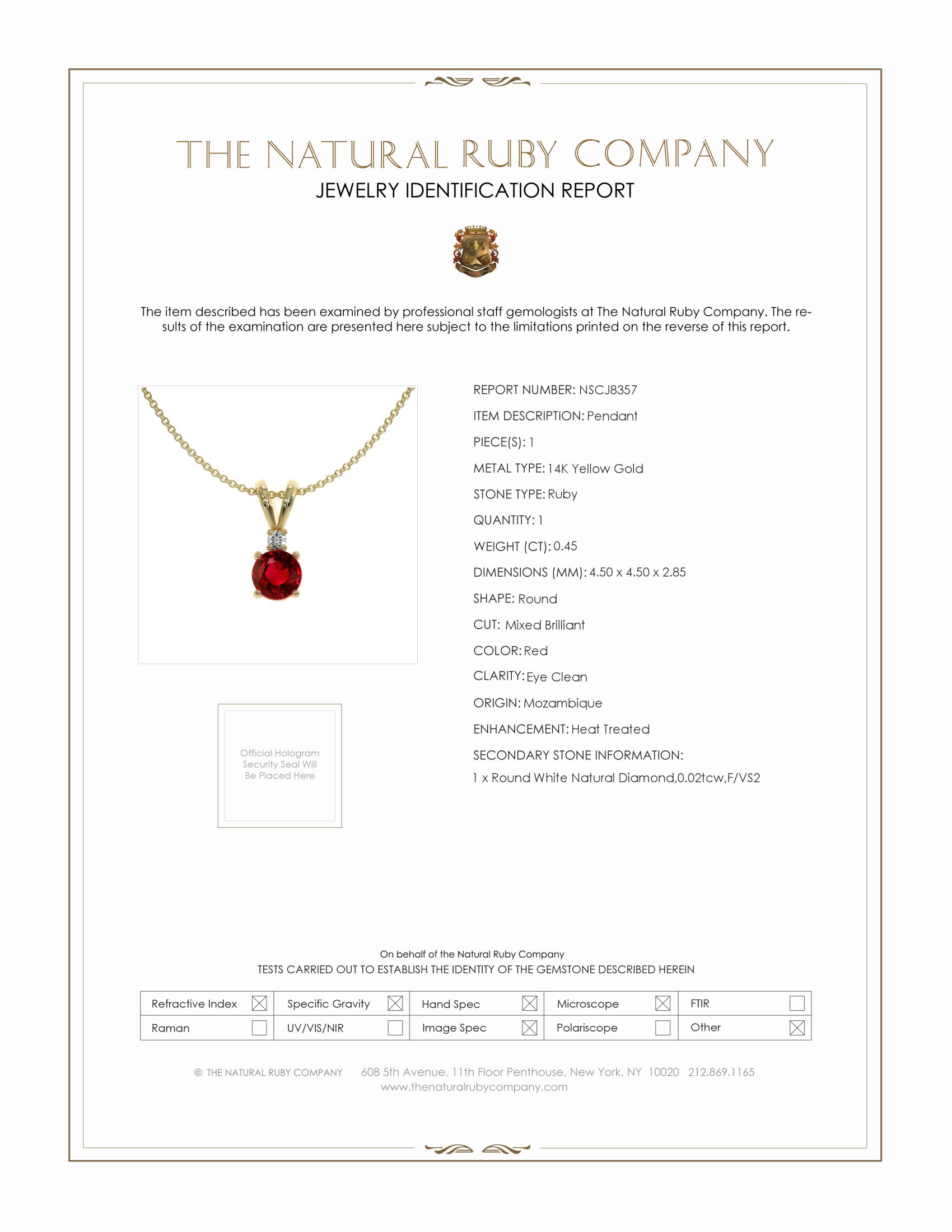0.45 Ct. Ruby and Natural Diamond Solitaire Pendant, 14K Yellow Gold
