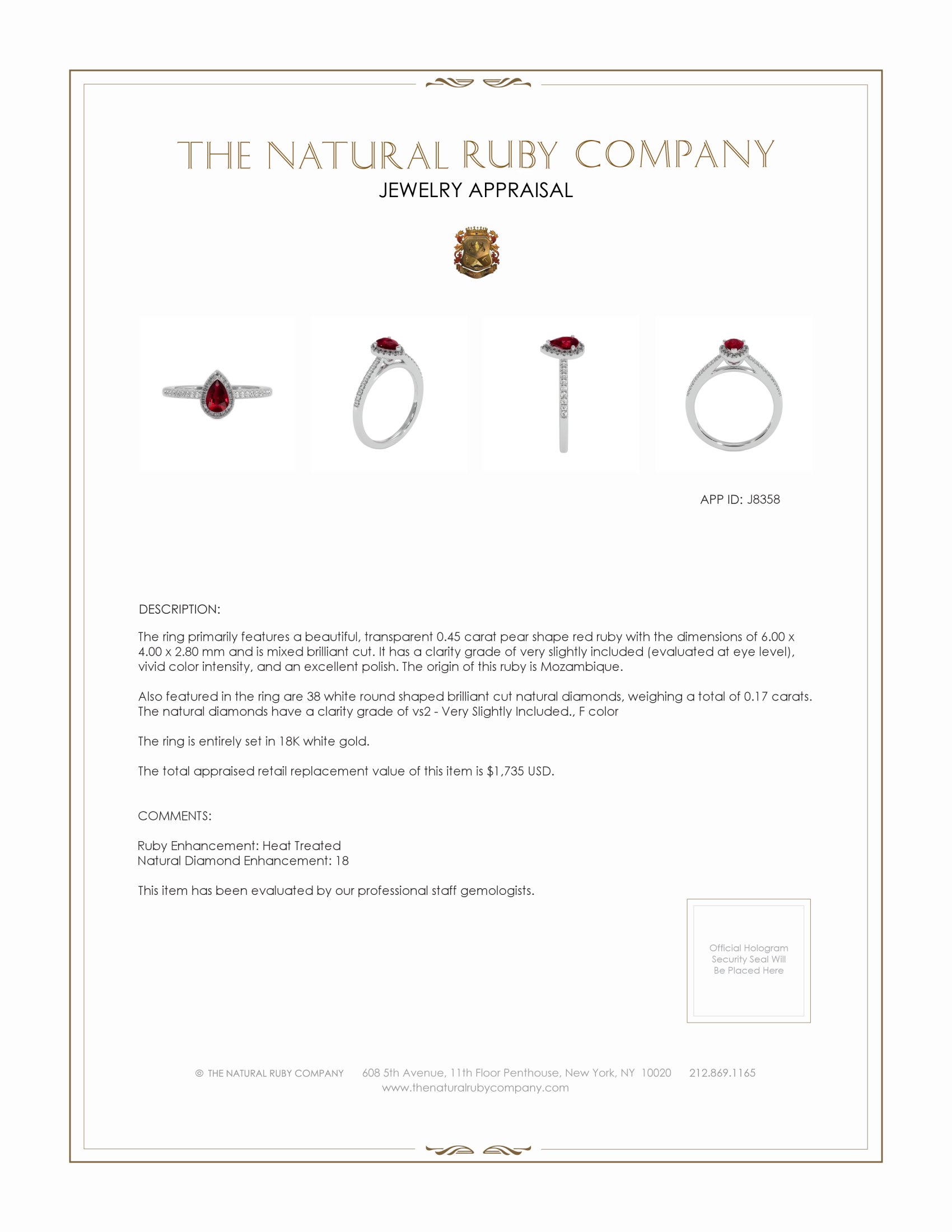 0.45 Ct. Ruby and Natural Diamond Pave Ring, 18K White Gold