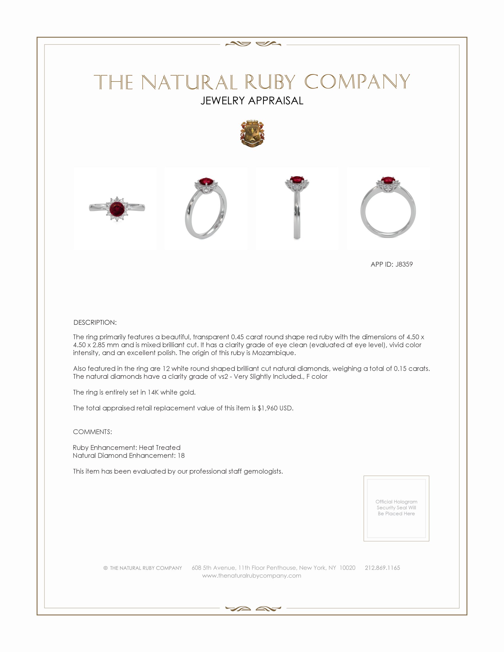 0.45 Ct. Ruby and Natural Diamond Halo Ring, 14K White Gold