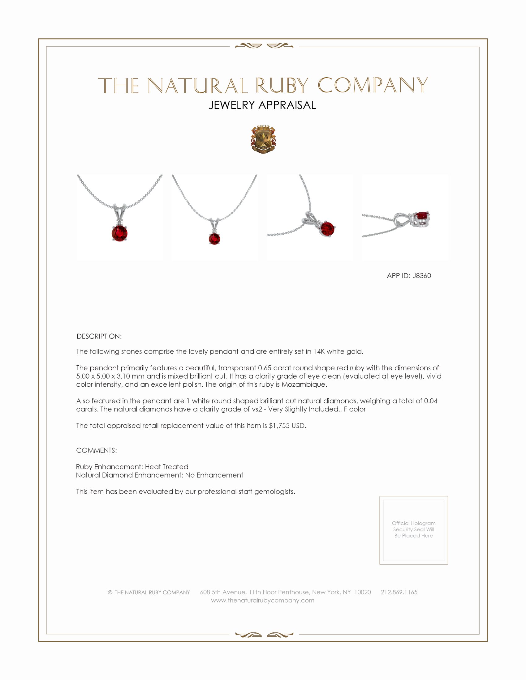 0.65 Ct. Ruby Natural Diamond Solitaire Pendant, 14K White Gold