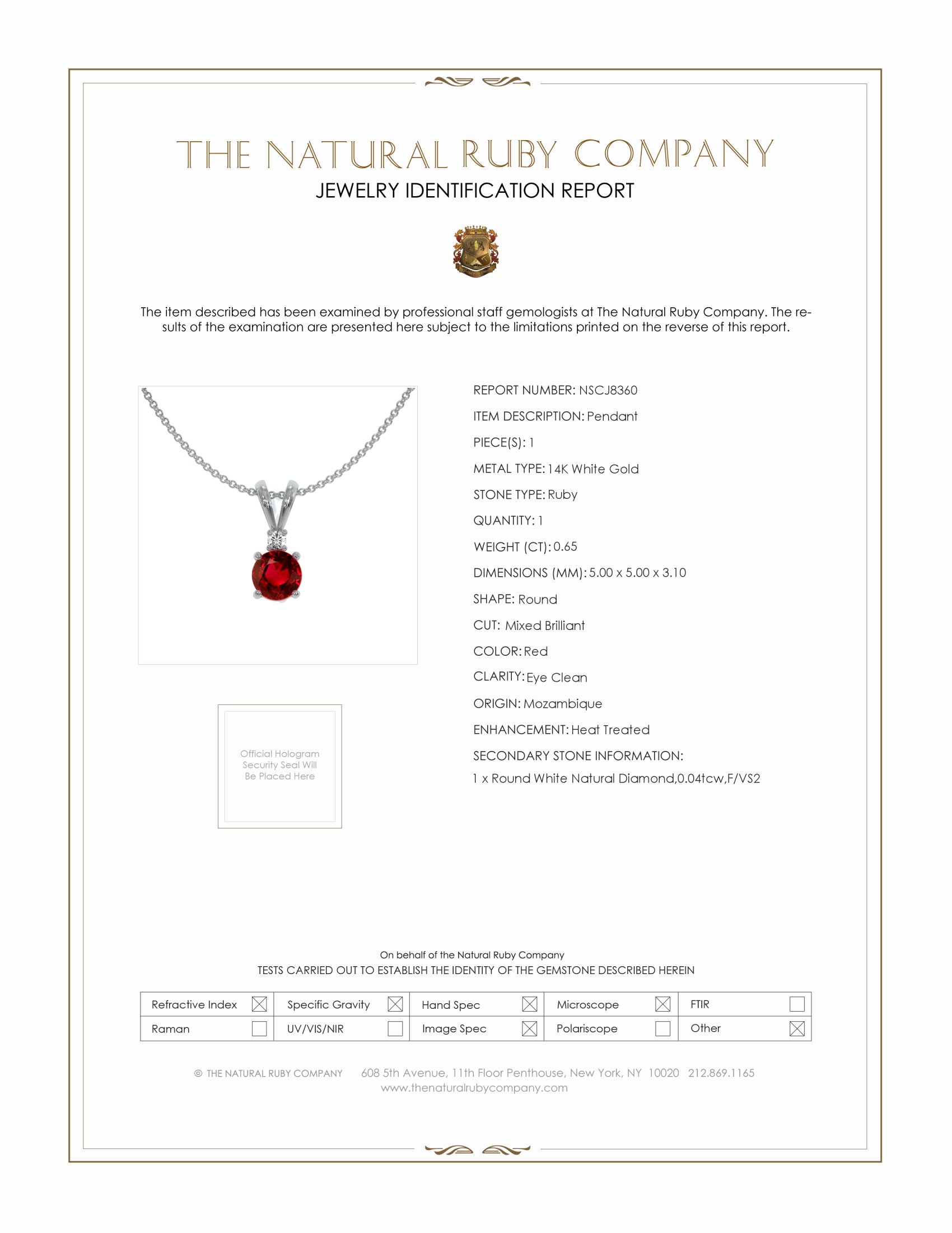 0.65 Ct. Ruby and Natural Diamond Solitaire Pendant, 14K White Gold