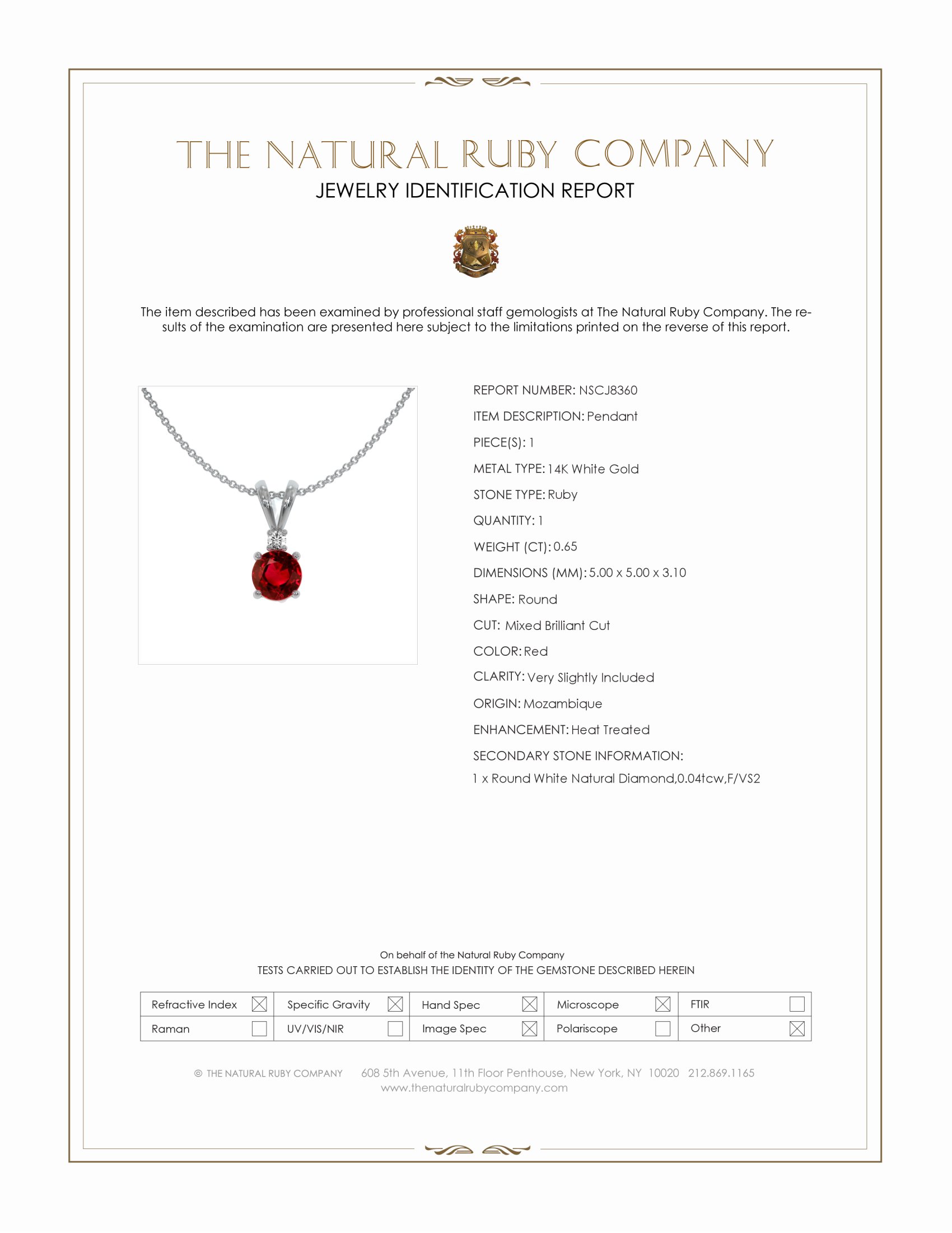 0.65 Ct. Ruby and Natural Diamond Solitaire Pendant, 14K White Gold