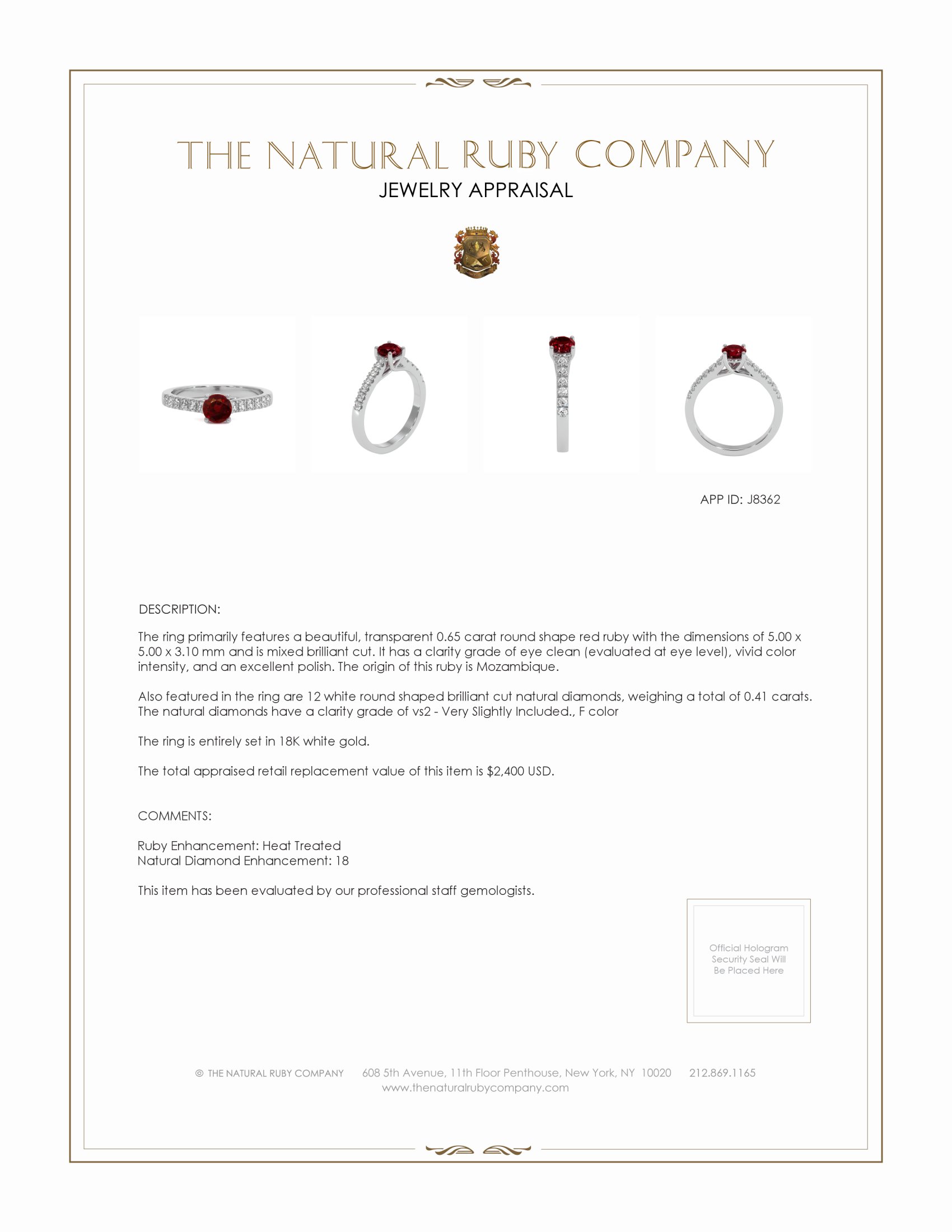 0.65 Ct. Ruby and Natural Diamond Pave Ring, 18K White Gold