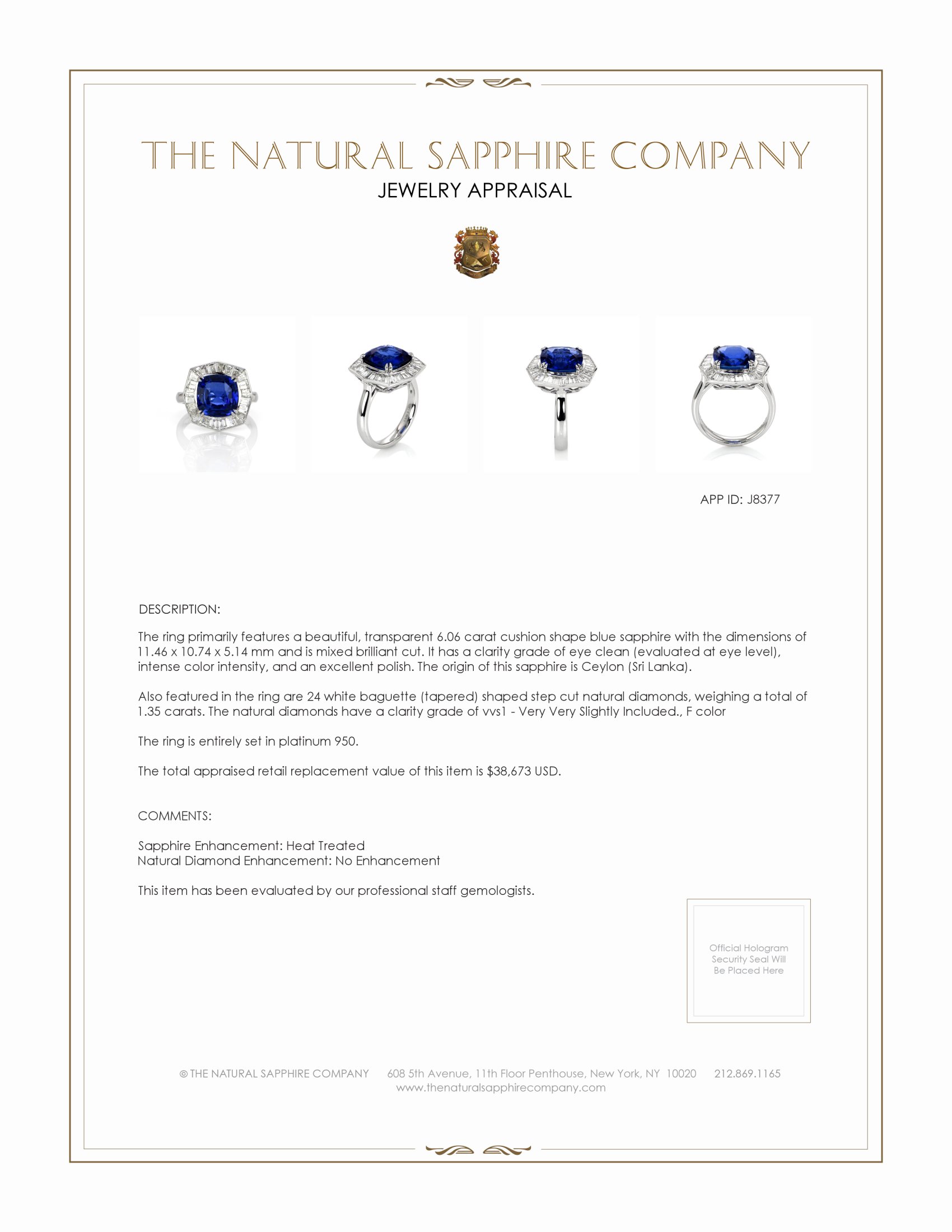 6.06 Ct. Blue Sapphire and Natural Diamond Antique Style Ring, Platinum 950