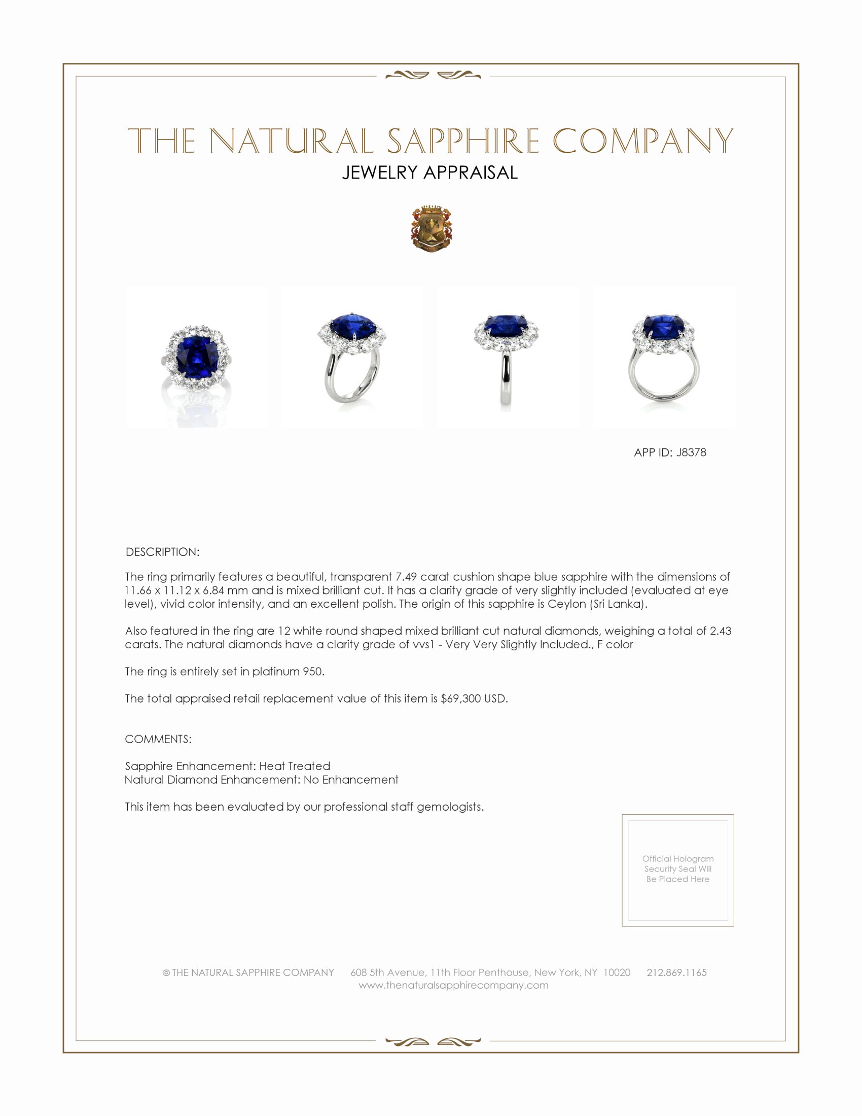 7.49 Ct. Blue Sapphire and Natural Diamond Halo Ring, Platinum 950