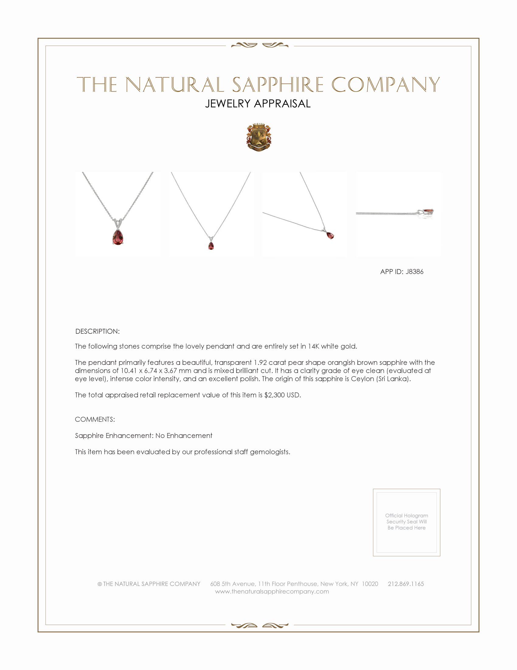 1.92 Ct. Orangish Brown Sapphire Solitaire Pendant, 14K White Gold