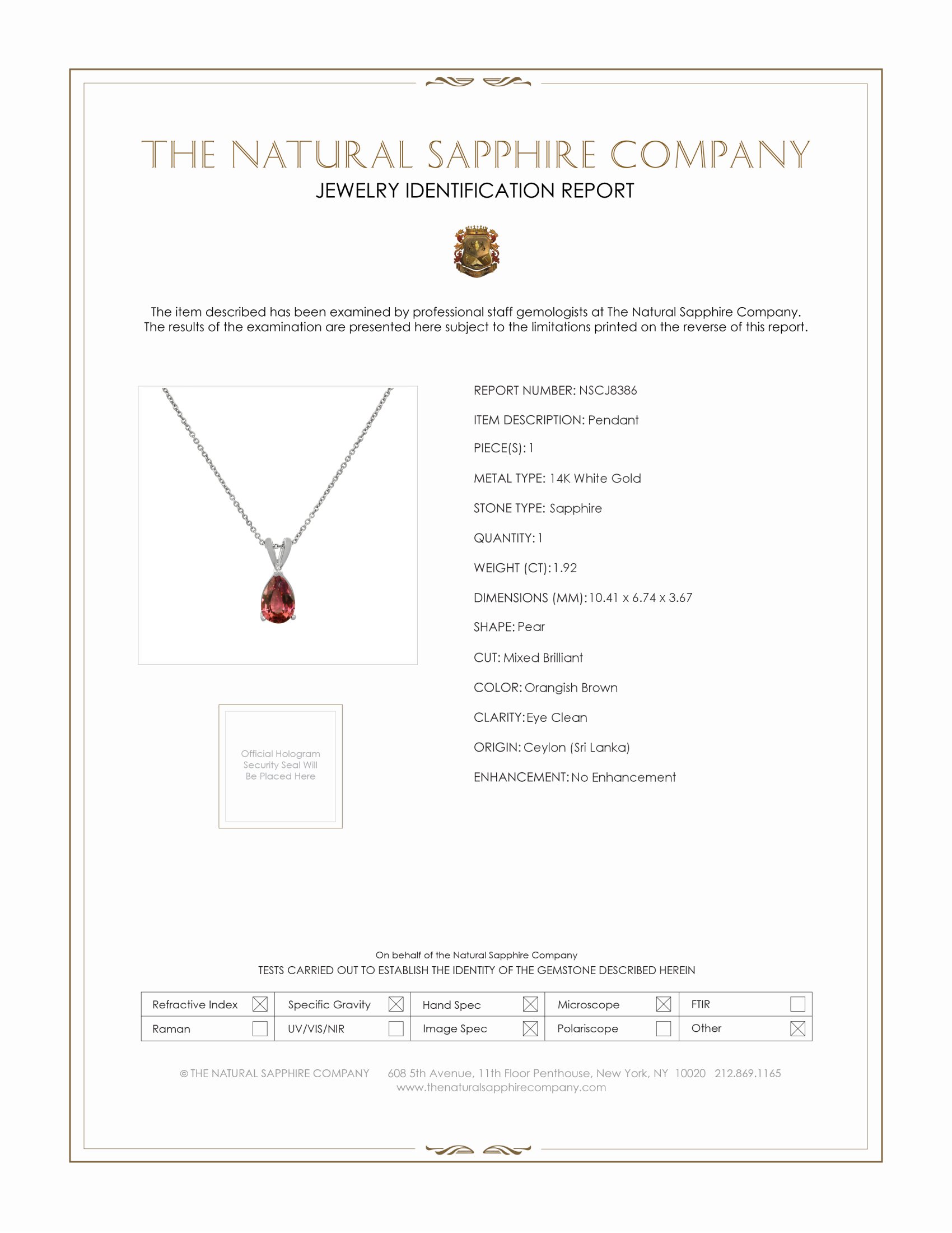 1.92 Ct. Orangish Brown Sapphire Solitaire Pendant, 14K White Gold