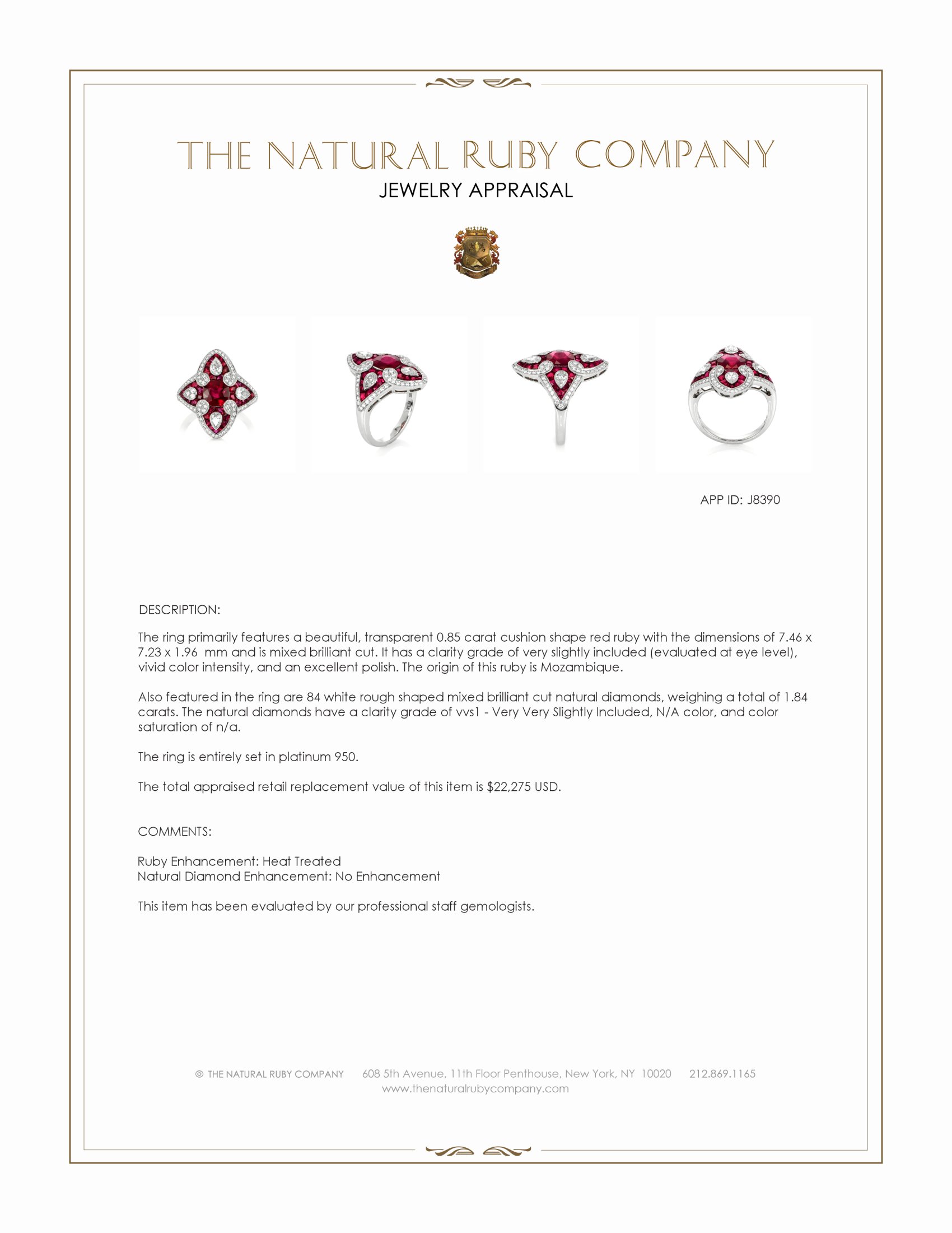 2.35 Ct.Tw. Ruby and Natural Diamond Antique Style Ring, Platinum 950