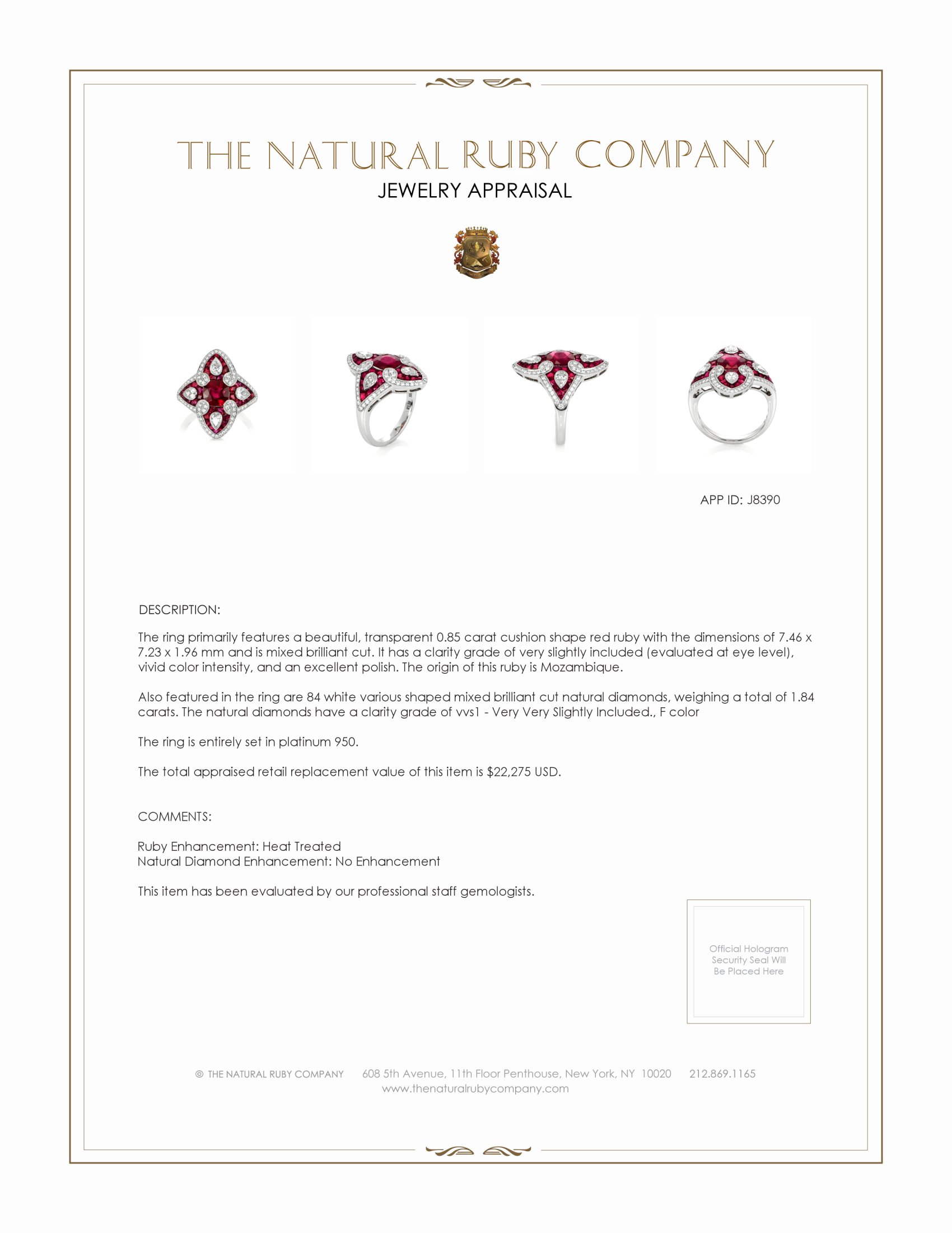 2.35 Ct. Ruby and Natural Diamond Antique Style Ring, Platinum 950