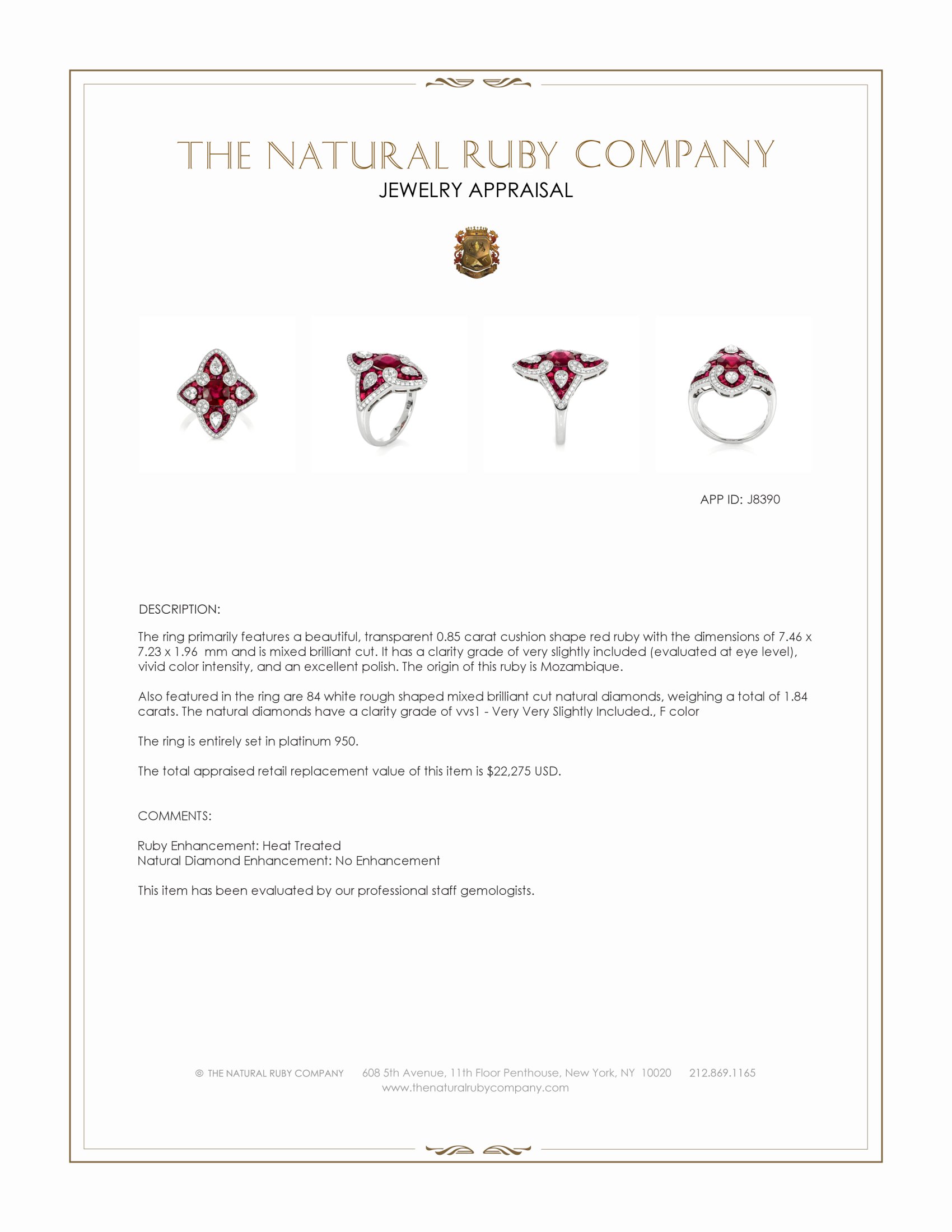 2.35 Ct. Ruby and Natural Diamond Antique Style Ring, Platinum 950