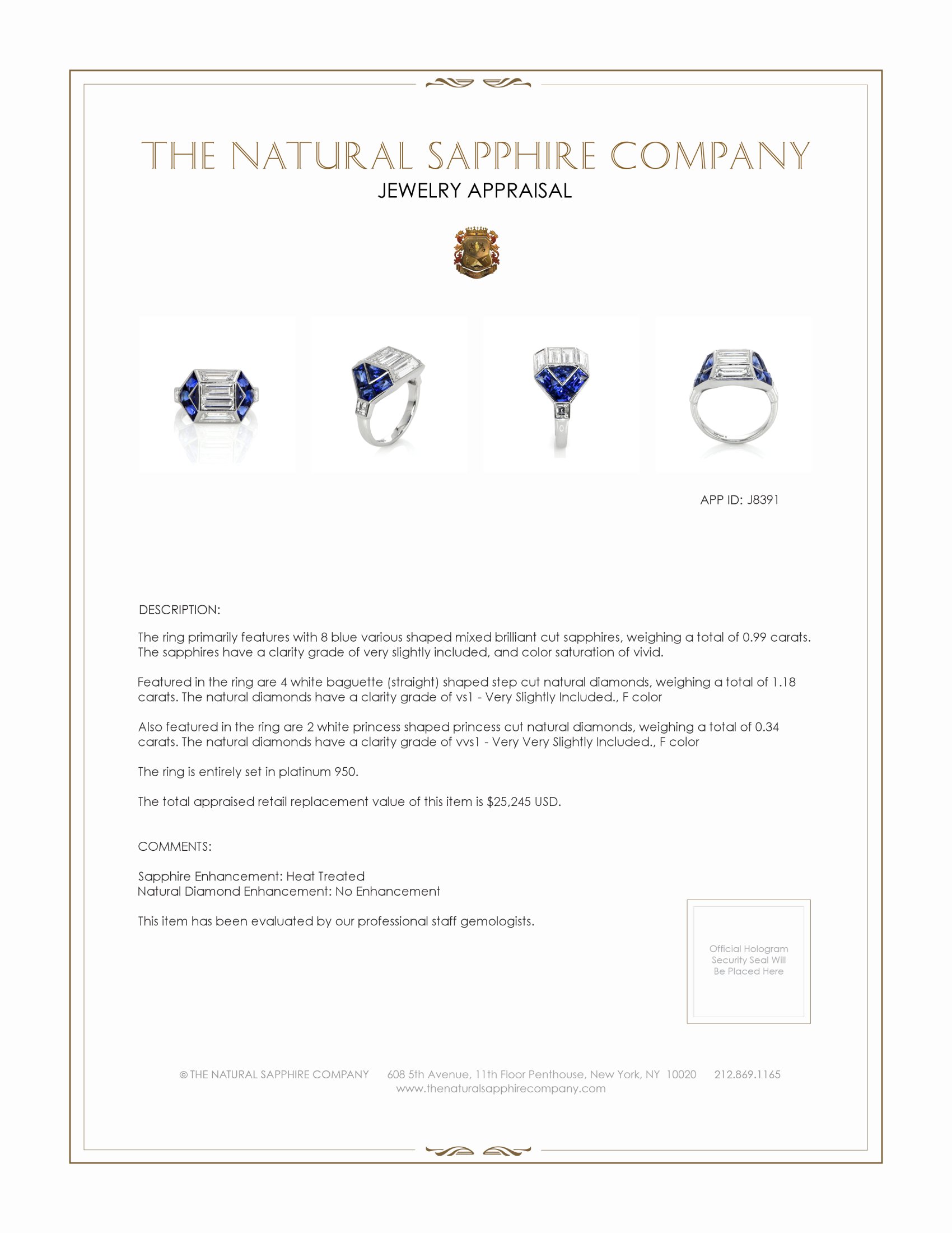 0.99 Ct. Blue Sapphire and Natural Diamond Antique Style Ring, Platinum 950