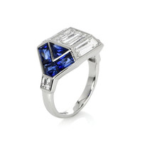 0.99 Ct. Blue Sapphire and Natural Diamond Antique Style Ring, Platinum 950 Image