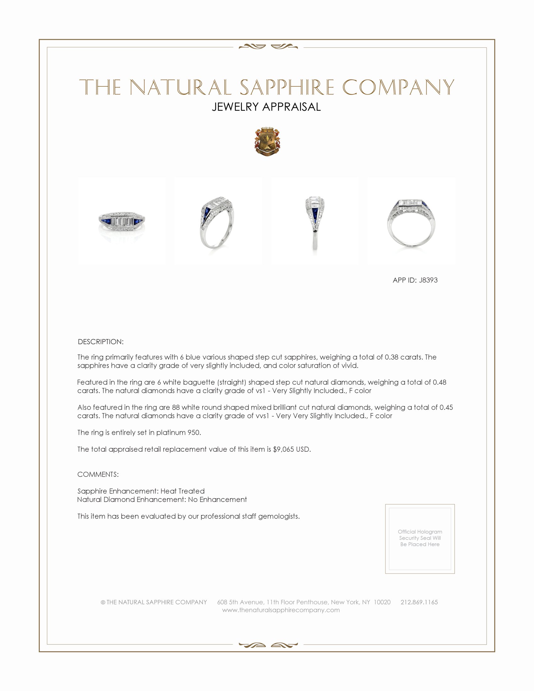 0.38 Ct. Blue Sapphire and Natural Diamond Antique Style Ring, Platinum 950