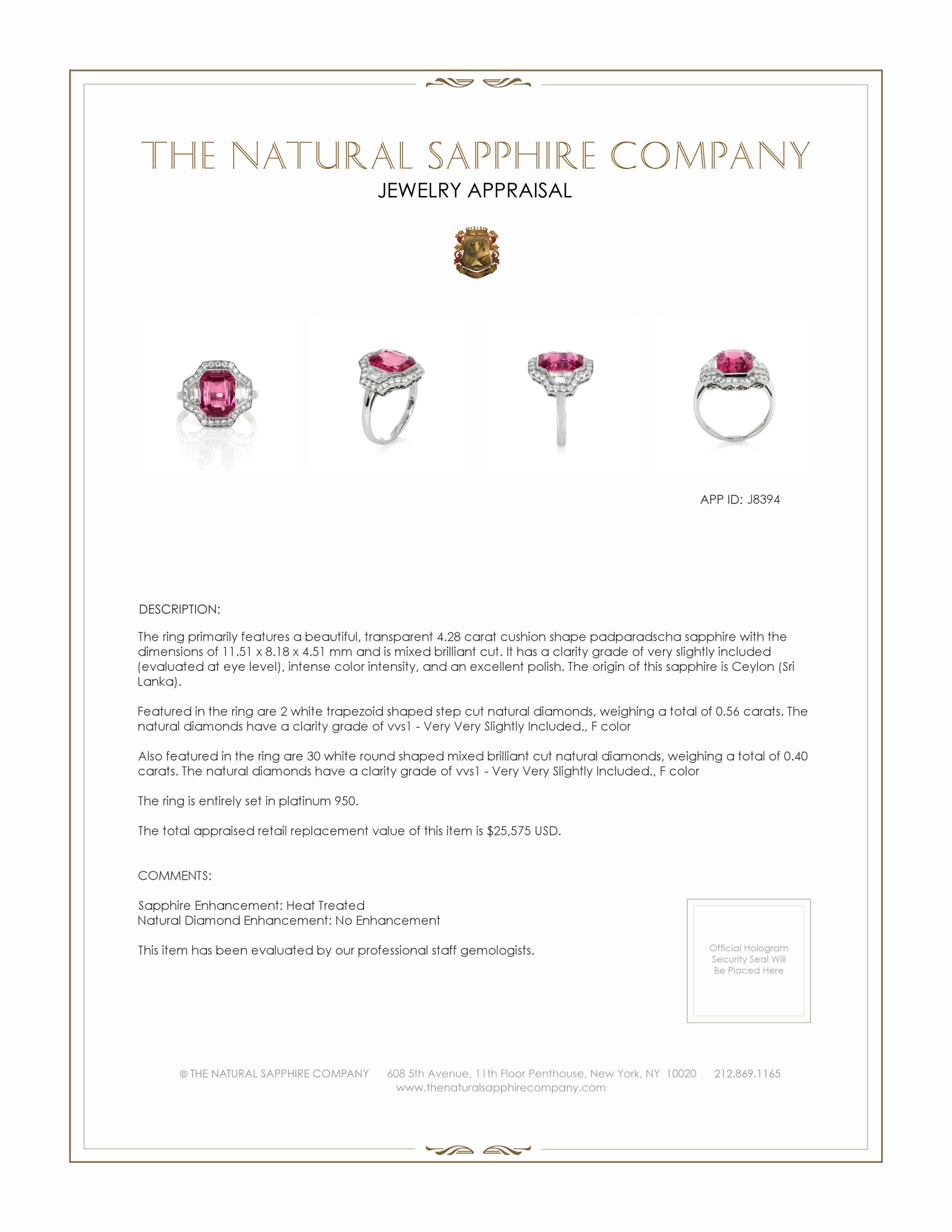 4.28 Ct. Padparadscha Sapphire and Natural Diamond Antique Style Ring, Platinum 950