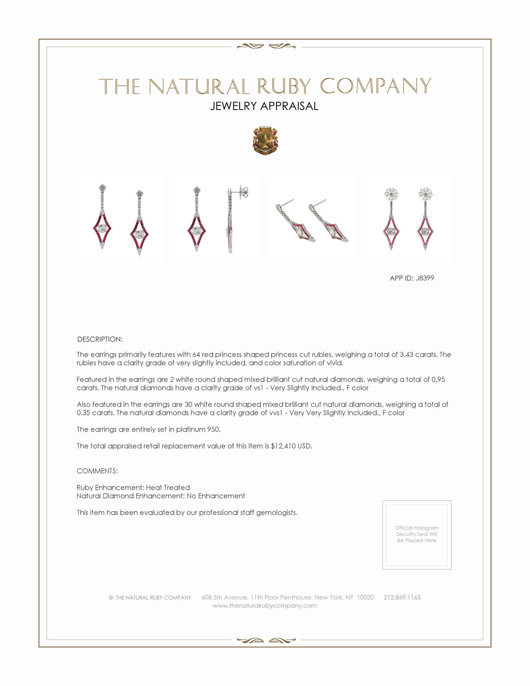 3.43 Ct.Tw. Ruby and Natural Diamond Accent Stones Earrings, Platinum 950