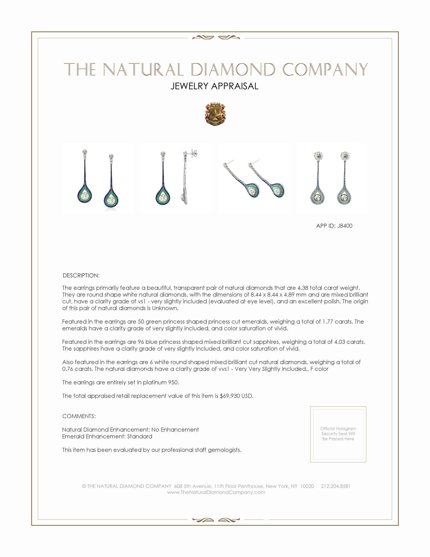 4.38 Ct.Tw. Natural Diamond, Blue Sapphire and Emerald Accent Stones Earrings, Platinum 950