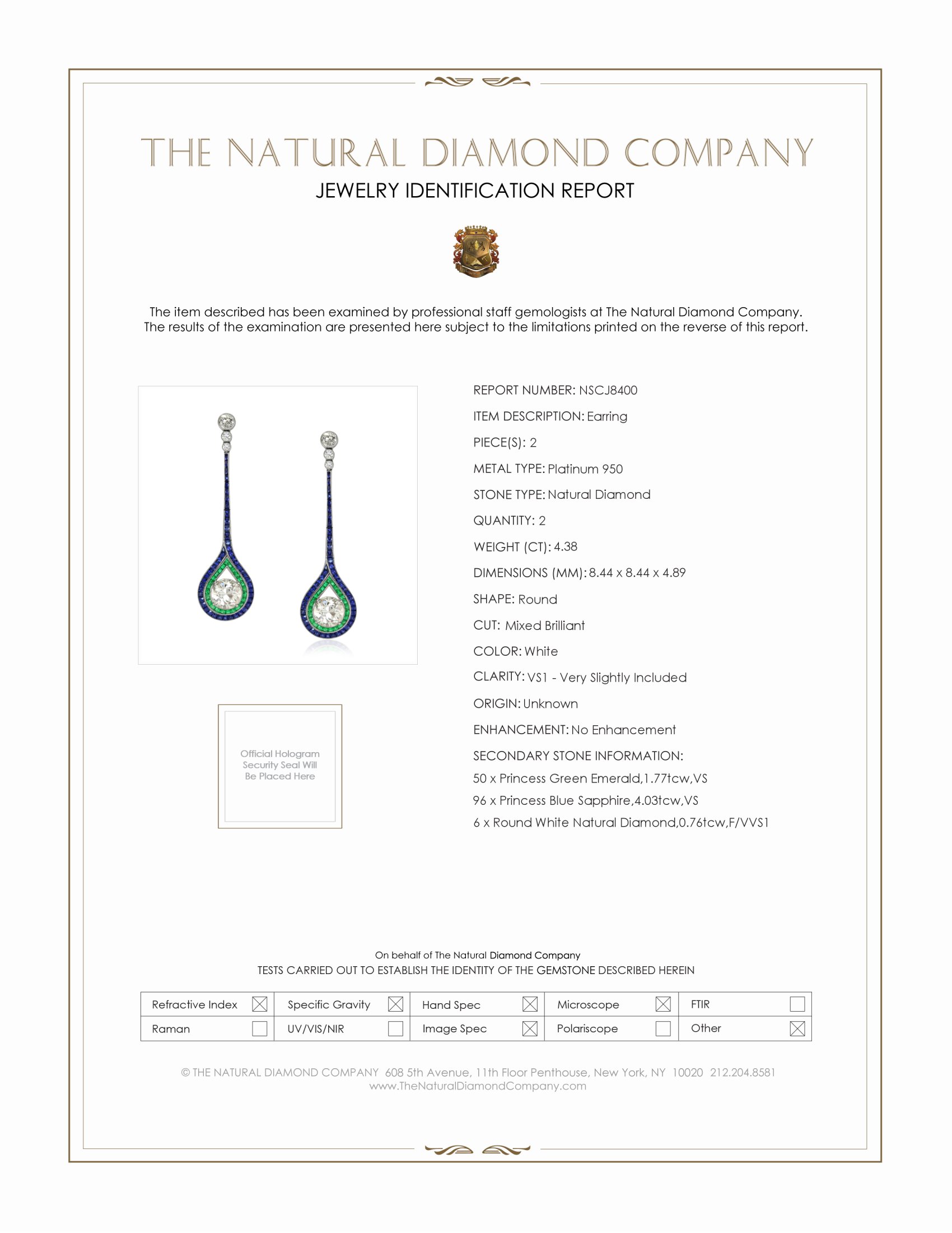 4.38 Ct.Tw. Natural Diamond, Blue Sapphire and Emerald Accent Stones Earrings, Platinum 950