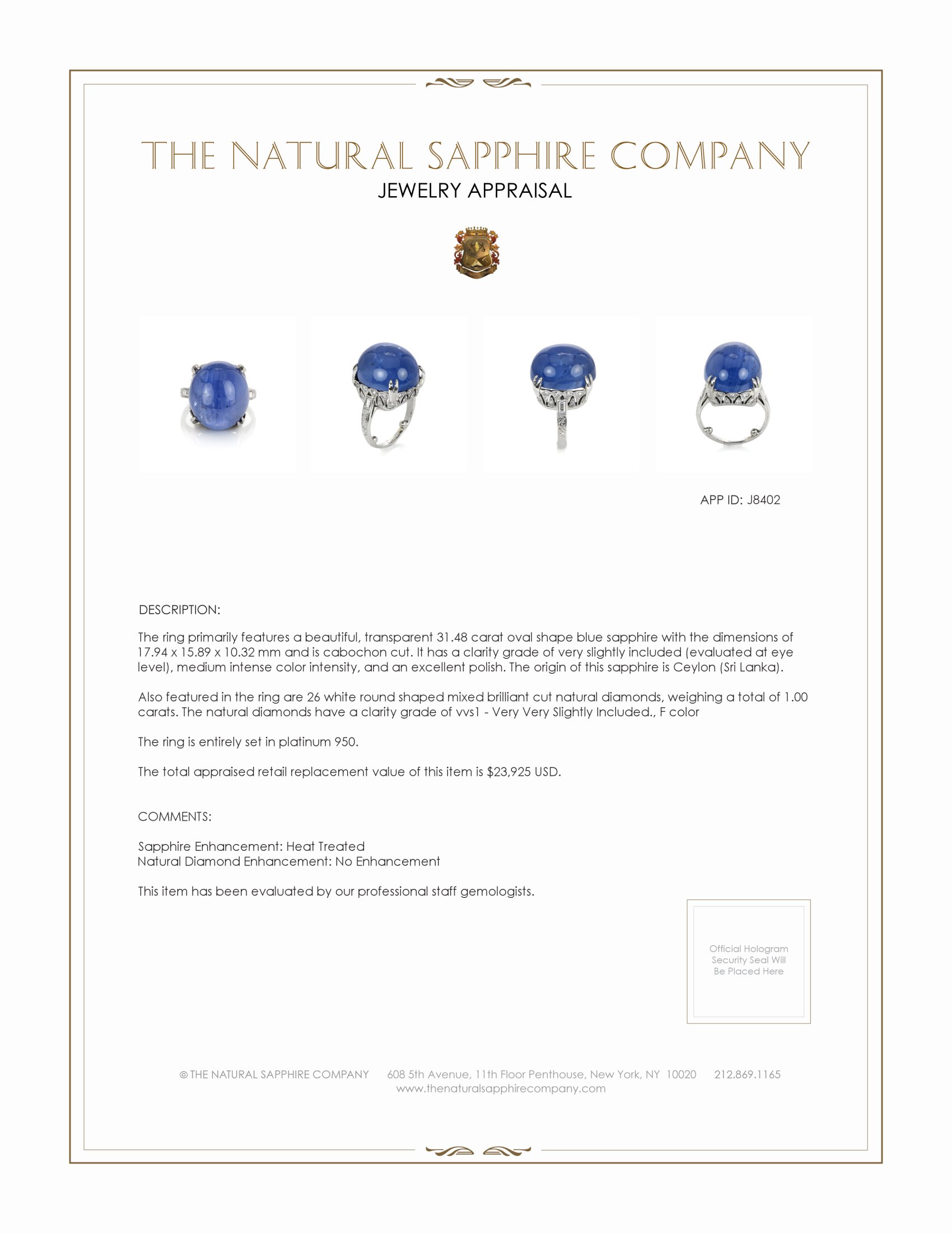 31.48 Ct. Blue Sapphire and Natural Diamond Antique Style Ring, Platinum 950