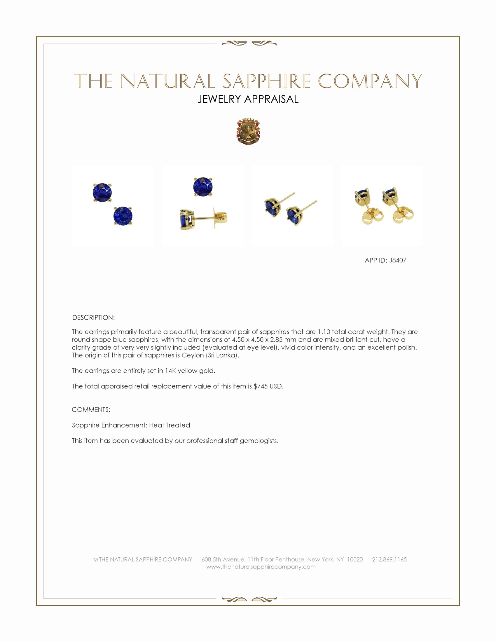1.10 Ct.Tw. Blue Sapphire Studs Earrings, 14K Yellow Gold