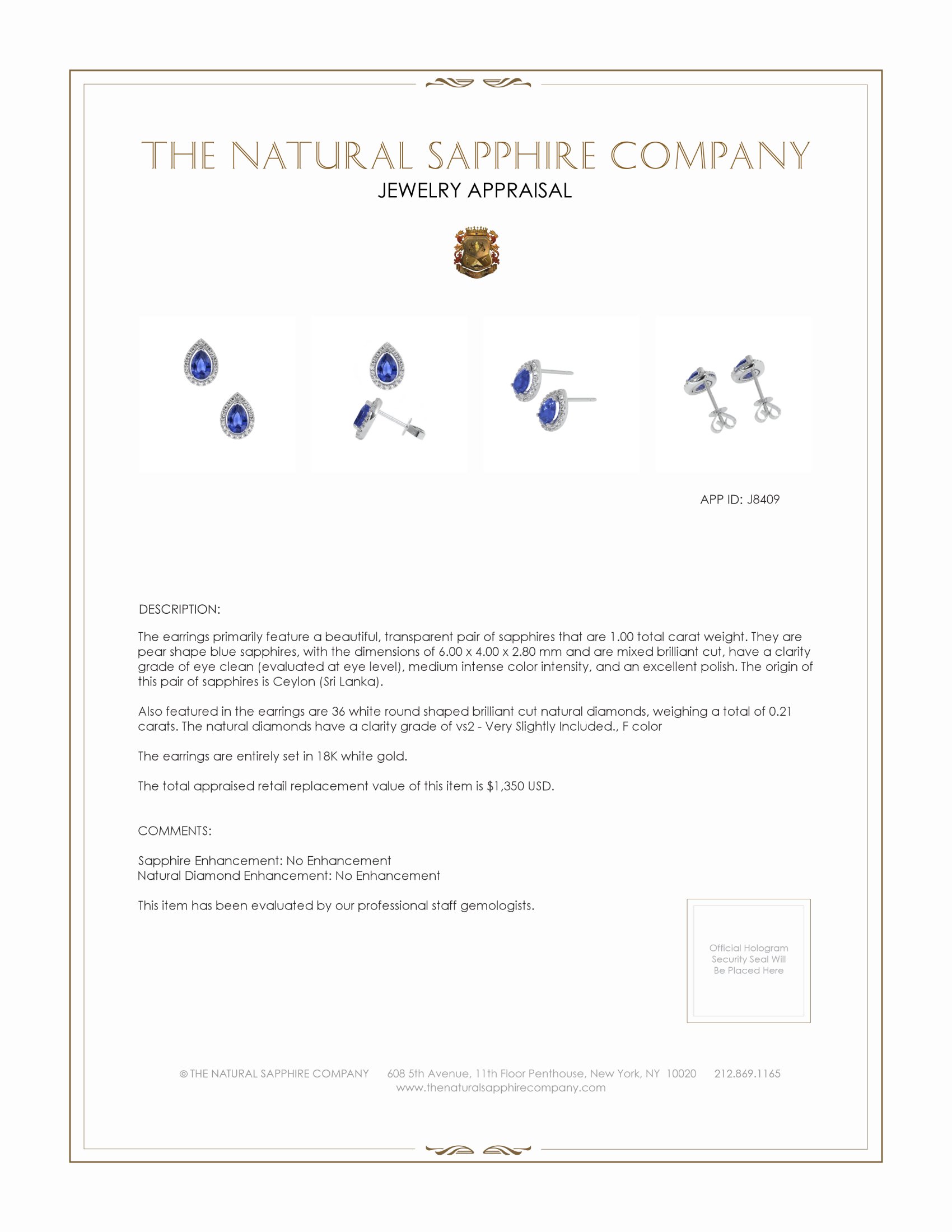 1.00 Ct.Tw. Blue Sapphire and Natural Diamond Studs Earrings, 18K White Gold